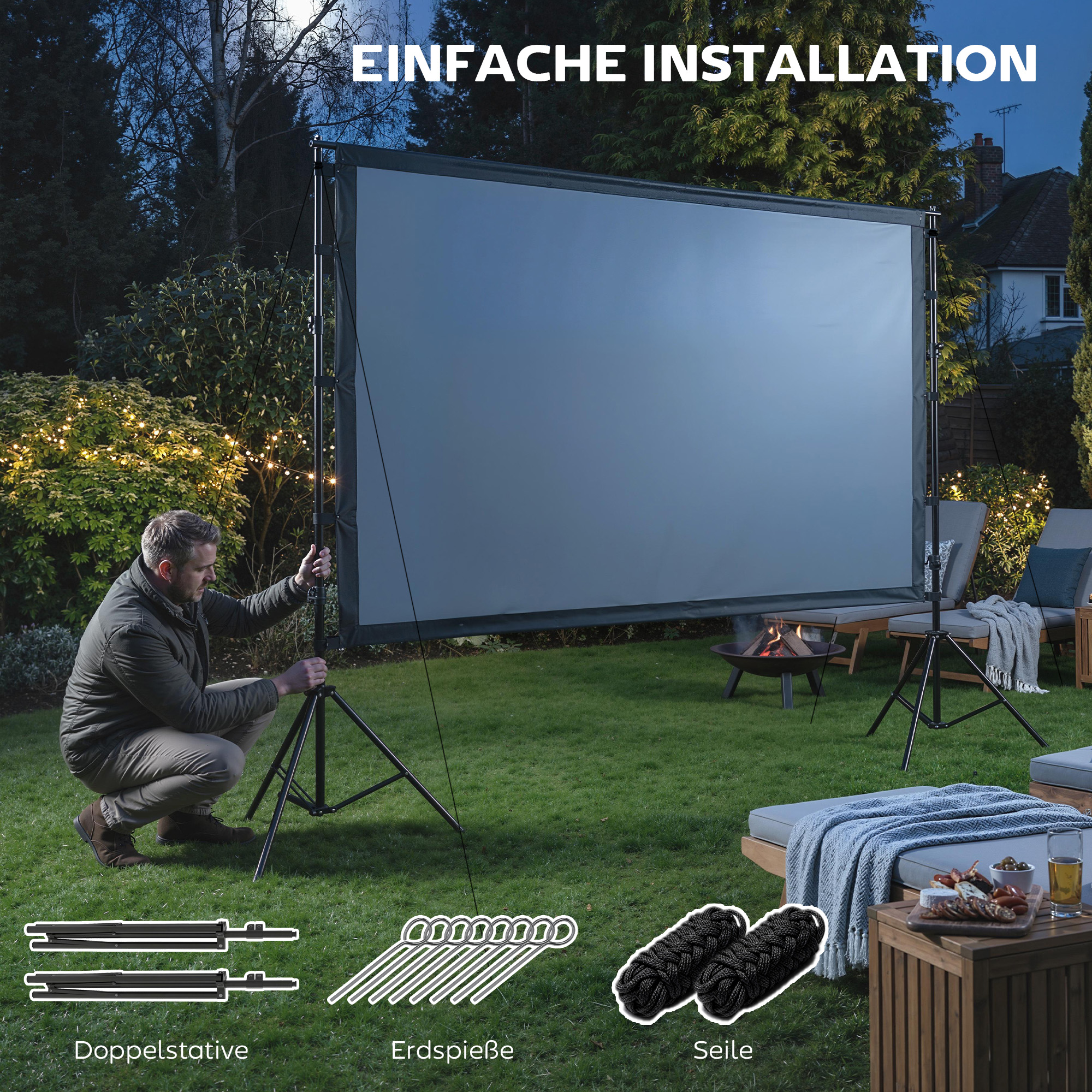 100 Zoll 16:9 HD 4K/8K Projektor-Leinwand mit Ständer, tragbare doppelseitige Leinwand mit klappbaren Stativen, Weiß
