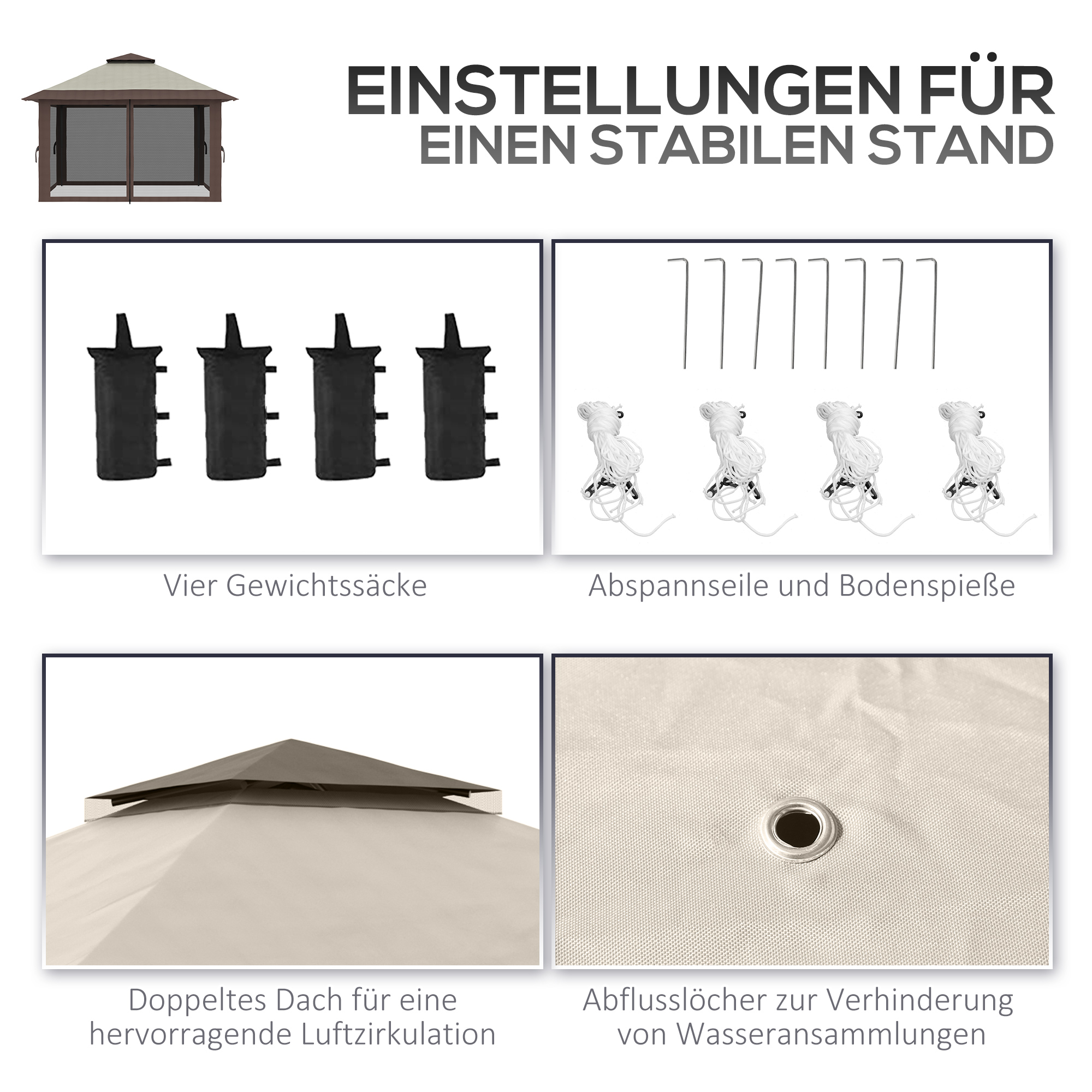Faltpavillon, höhenverstellbar, 4 Netzwände, Lüftungsdach, Tragetasche, Schnellaufbau, 4 x 4 x 3 m, Beige