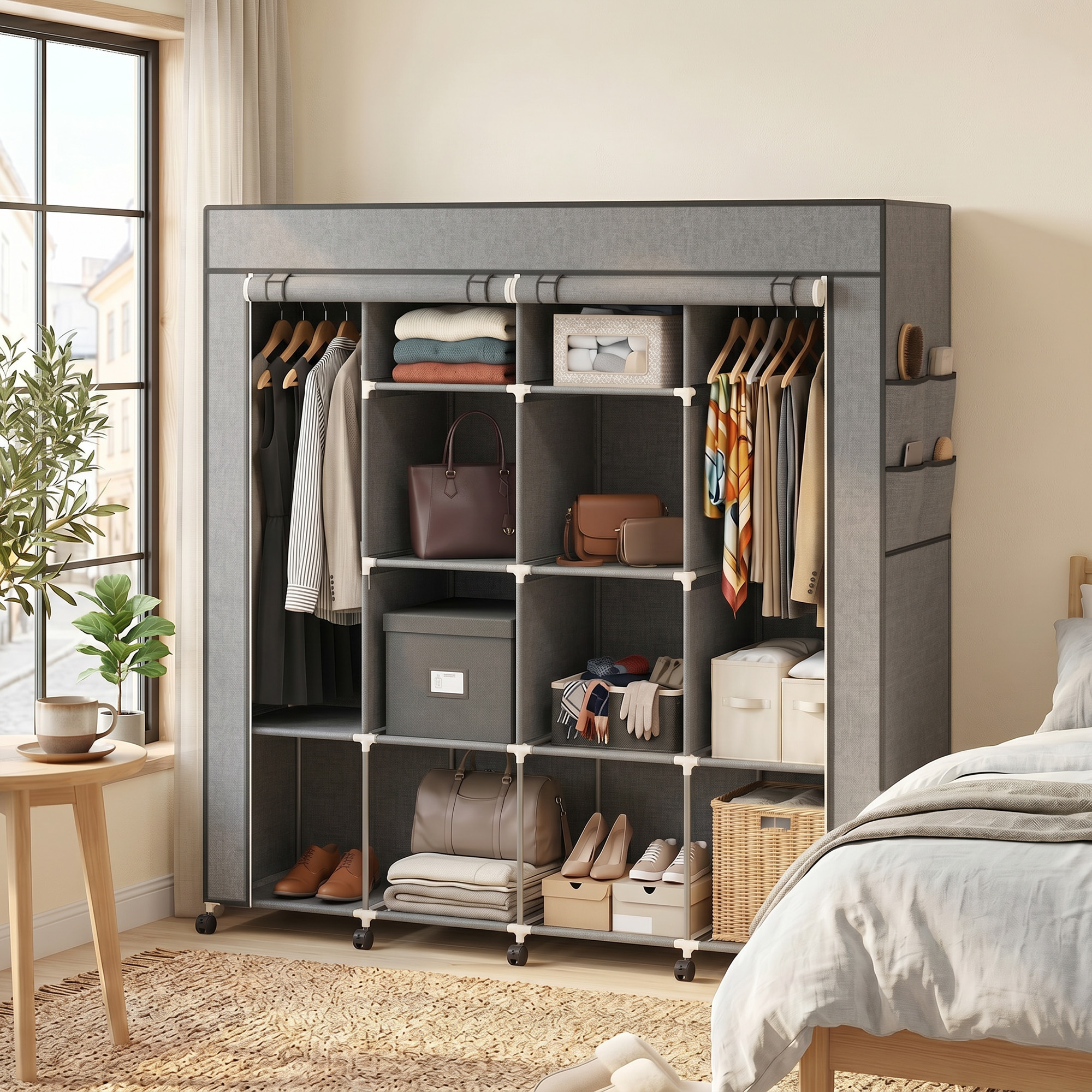 Kleiderschrank Stoffschrank, Türen, 2 Kleiderstangen, 10 Fächer, Grau