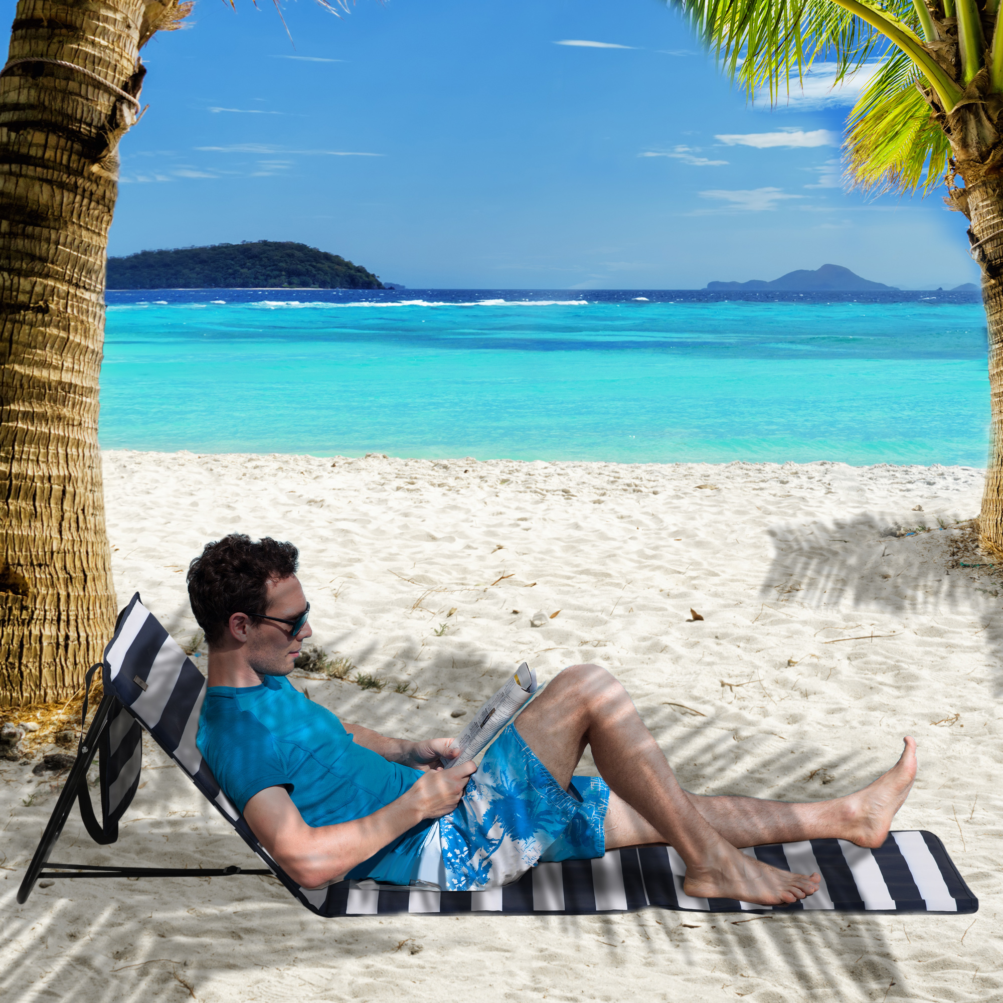 Strandliege, klappbar, verstellbare Rücklehne, Seitentasche, weiche Polsterung, Stahlrahmen, blau+weiß, 142x51x40cm