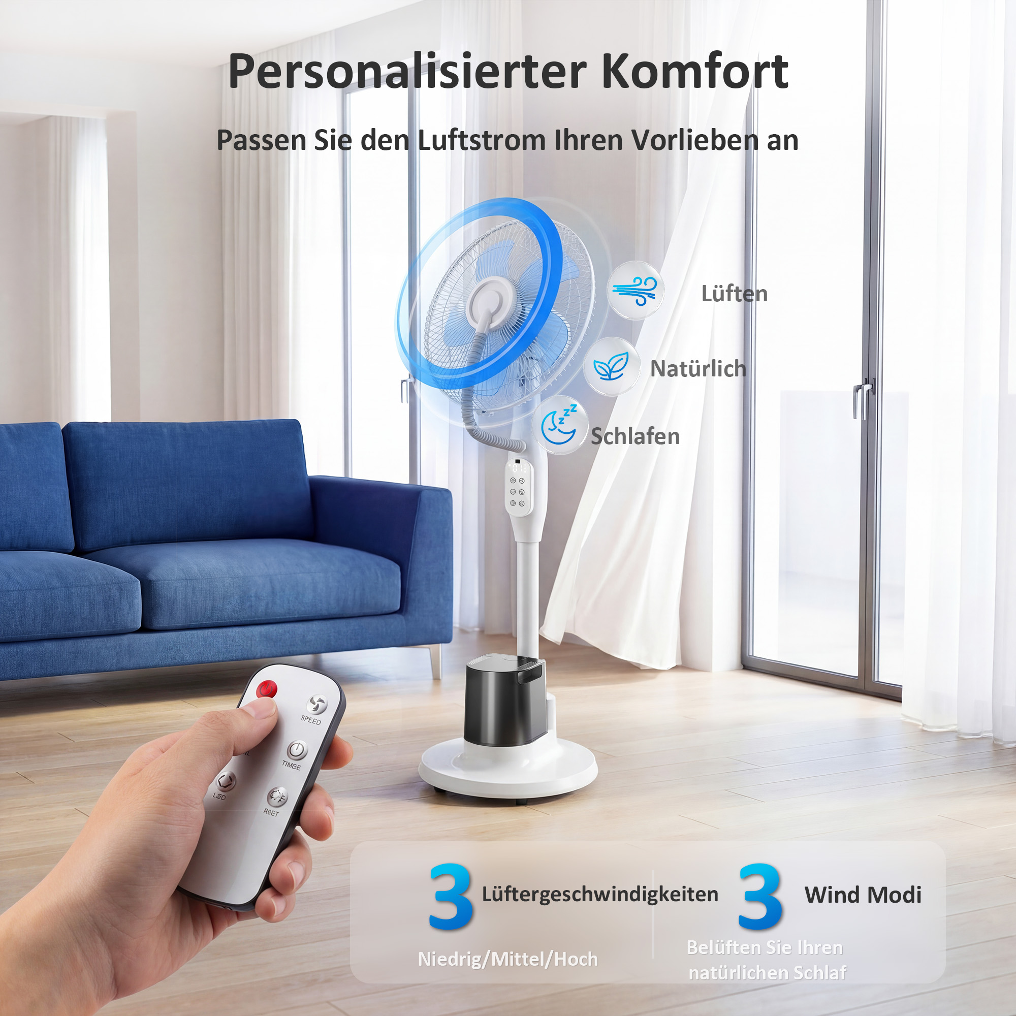 Stehventilator mit Sprühnebel, 70° Oszillation, 3 Geschwindigkeiten, 3 Modi, 3,5L Wassertank, Weiß