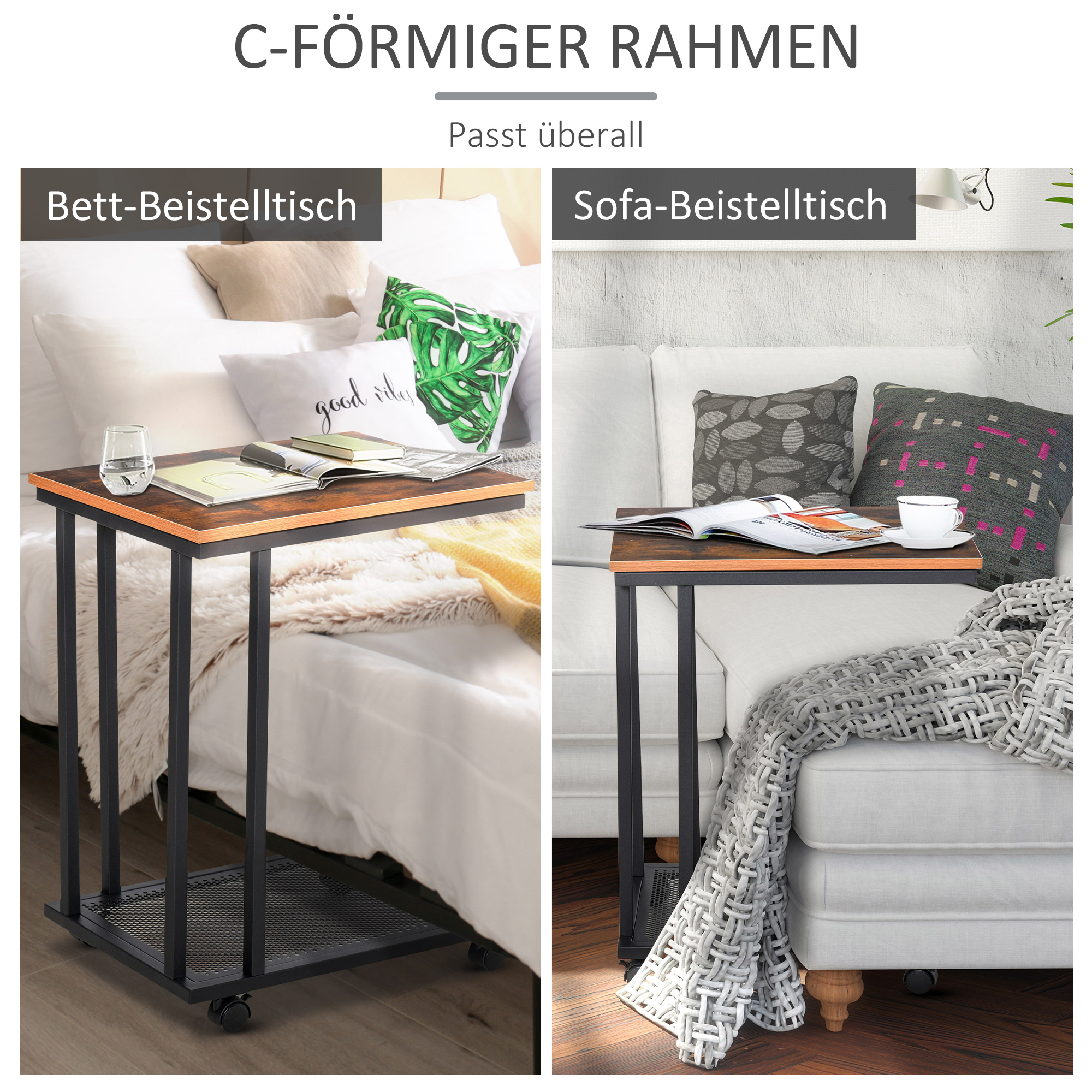 Beistelltisch C-Form Rollwagen Servierwagen Laptoptisch Sofatisch Beistelltisch Nachttisch Betttisch mit Metallgestell Industrie-Design Nachttisch Schwarz + Walnuss gemasert 51 x 36 x 65 cm