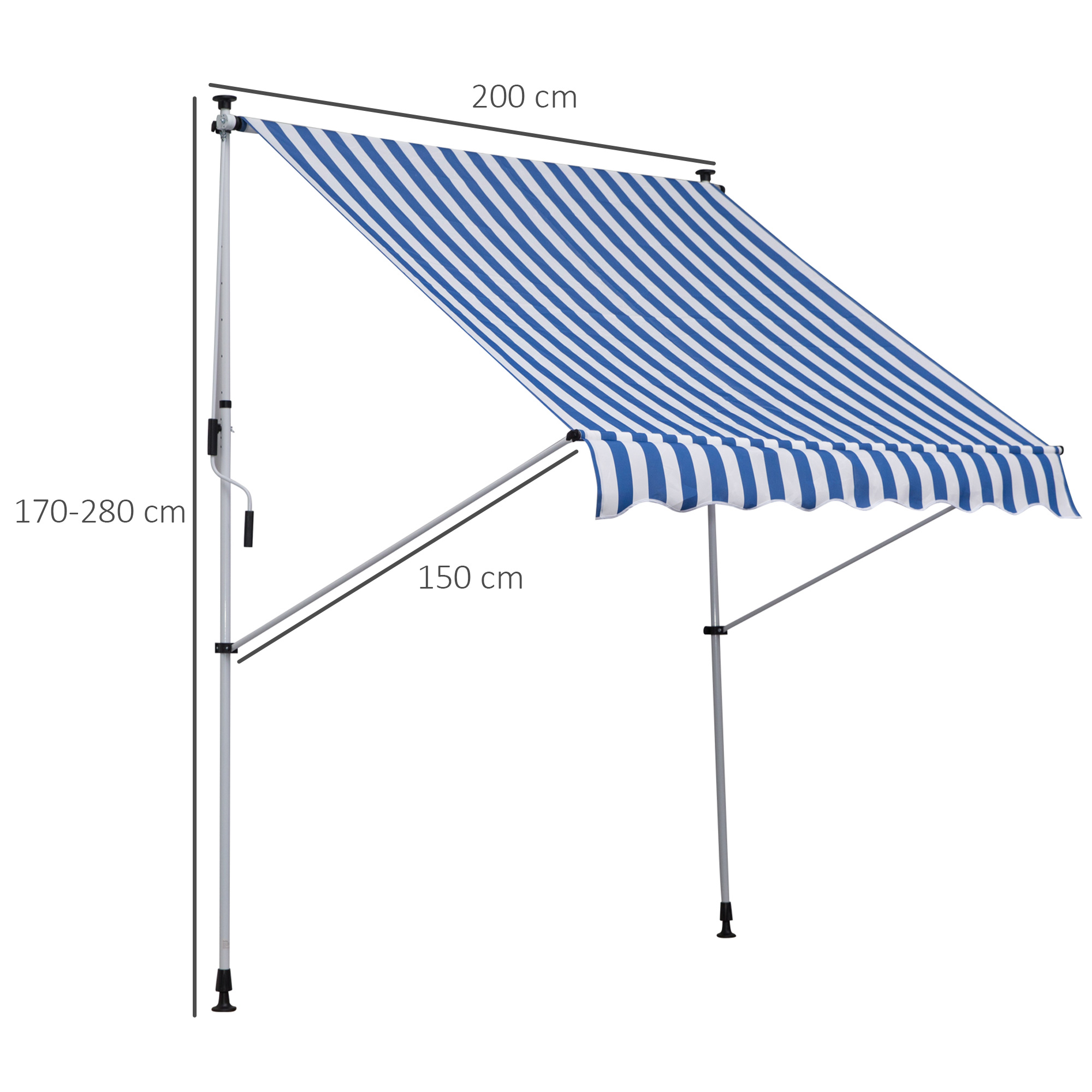 Klemmmarkise mit Handkurbel höhenverstellbar Gelenkarmmarkise schmutzabweisend, witterungsbeständig Balkonmarkise 150cm breit Terrassenmarkise für Terrasse Balkon Veranda Blau+Weiß