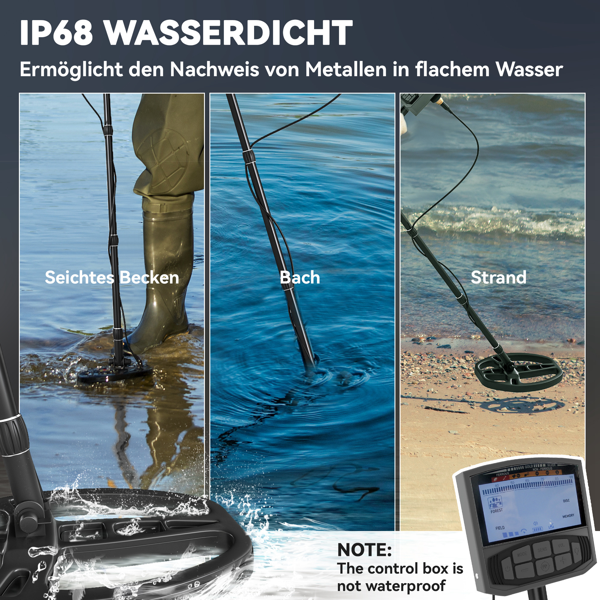 Metalldetektor für Erwachsene 5 Modi Tragbar Ortungsgerät mit Alarm Spule LCD-Display IP68 Wasserdicht Dunkelgrau