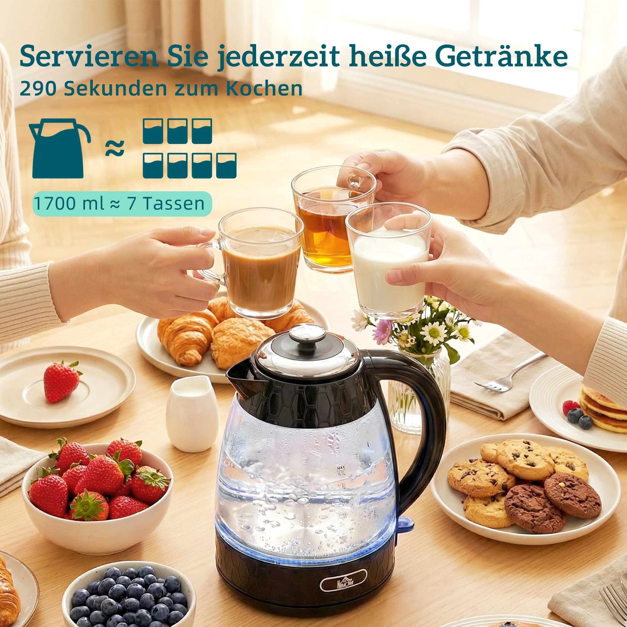 1,7L 2200W Schnellkoch-Wasserkocher und 4-Scheiben-Toaster-Set mit Kalkfilter, Schwarz