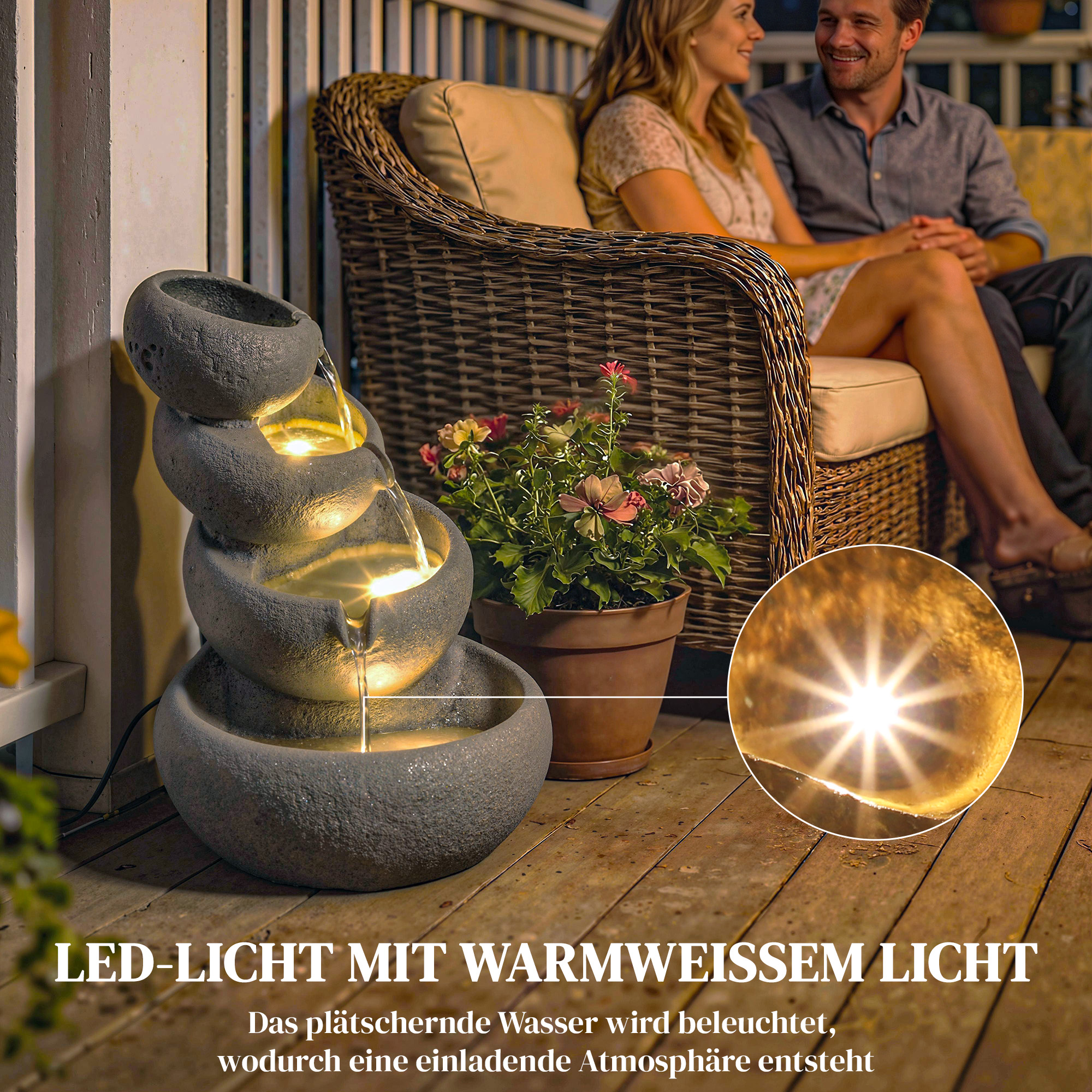 Springbrunnen Outdoor aus Kunstharz 4-stufig Gartenbrunnen mit LED Beleuchtung Pumpe Steinoptik 35 x 32 x 50 cm