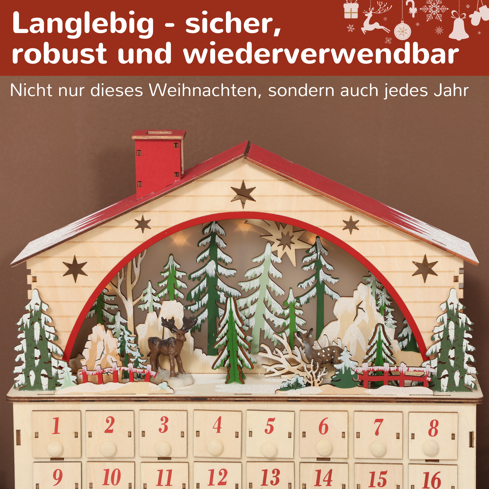 Adventskalender zum Befüllen 24 Schubladen Fächer Weihnachtskalender mit LED-Lichtern Naturholz 36 x 10 x 34 cm