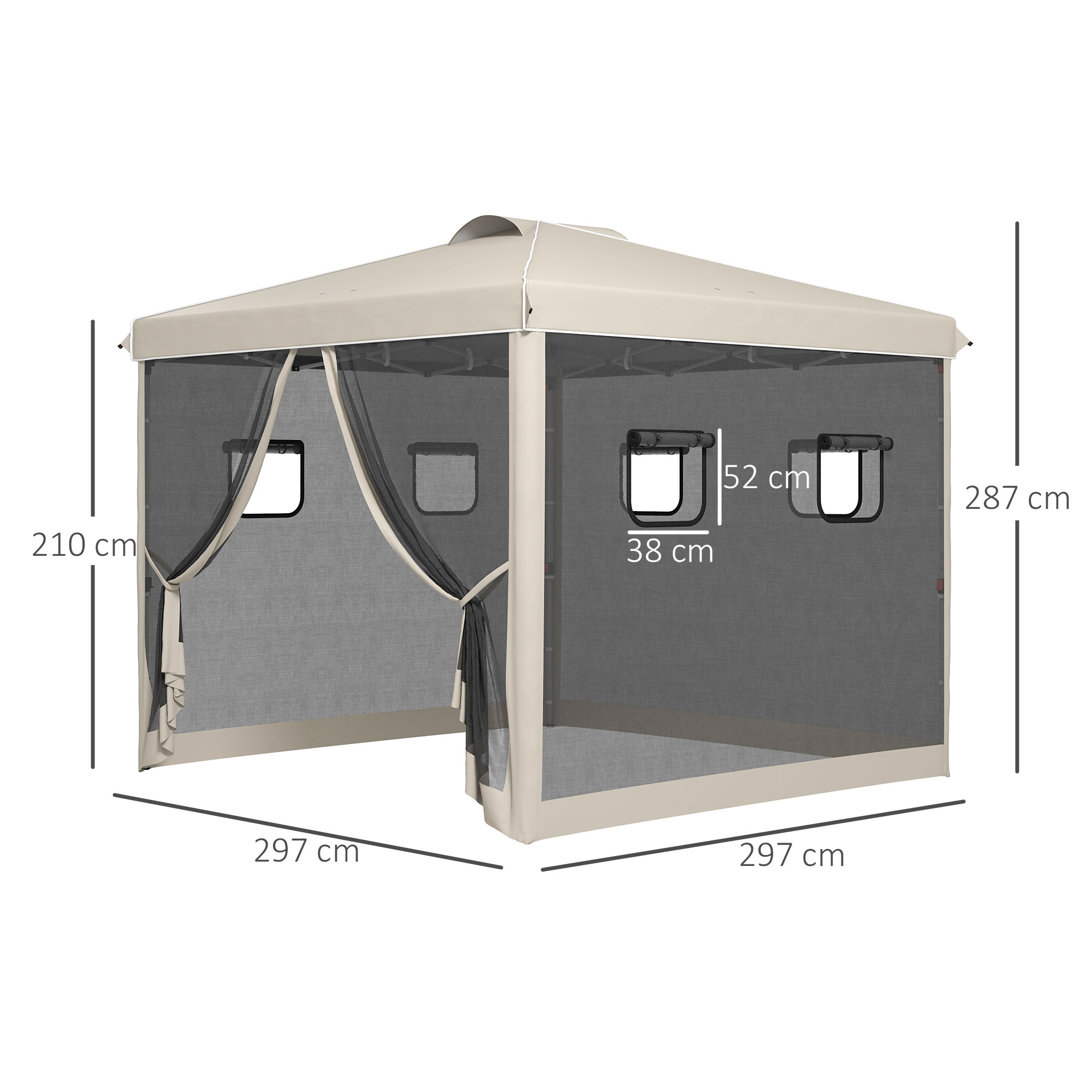 Faltpavillon, höhenverstellbar, Netzvorhänge, Tragetasche, Metallgestell, 3 x 3 x 3 m, Beige