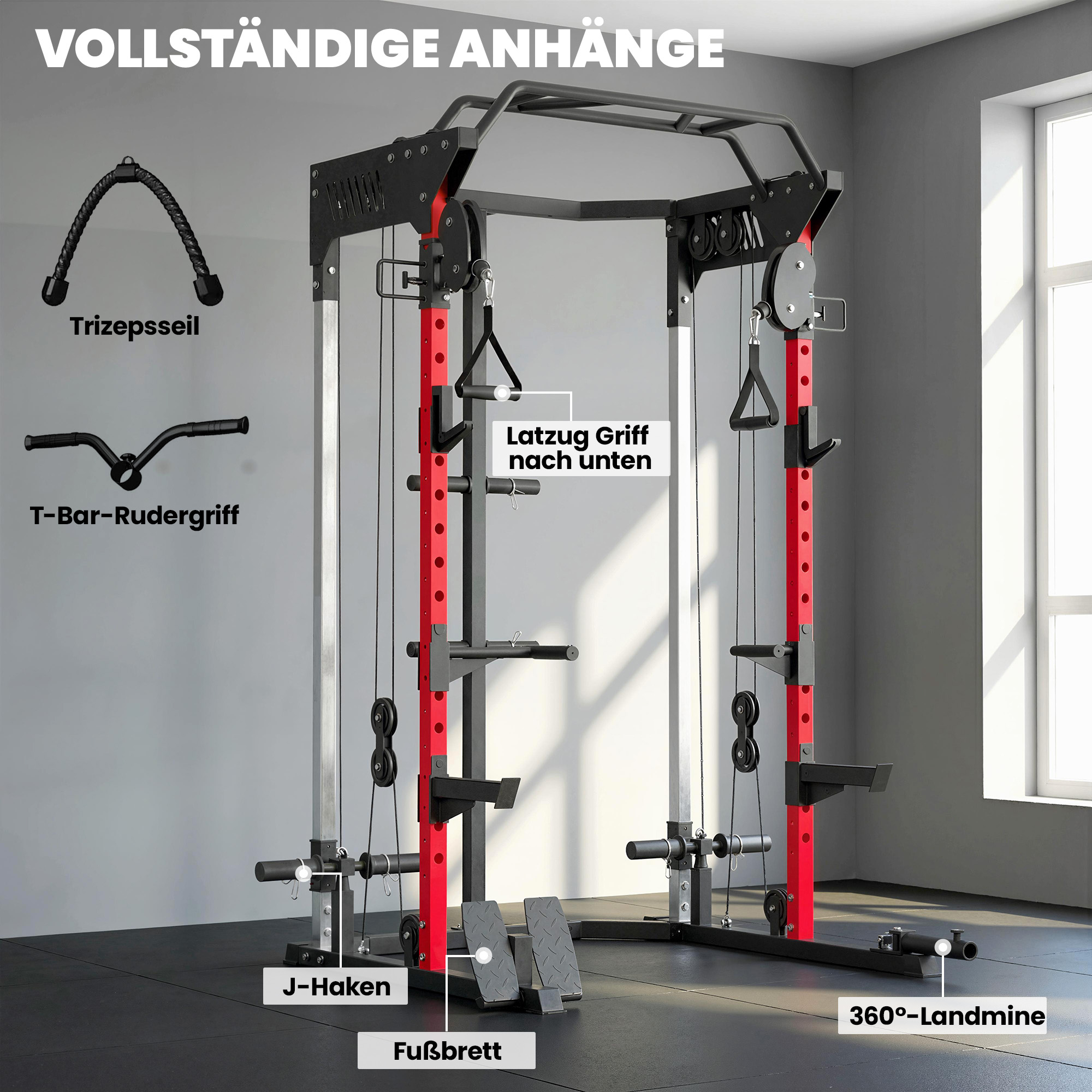 Power Cage Smith Machine, Power Rack mit verstellbarem Kabelzugsystem, multifunktional bis 300kg