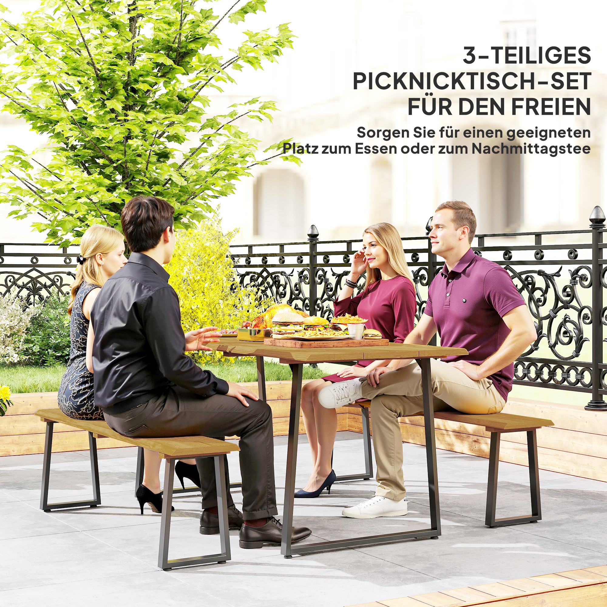 Sitzgruppe 3-teilig Holz Essgruppe für 6 Personen Esstisch mit 2 Bänke Schirmloch Holztisch 178 x 76 x 77 cm Naturholz