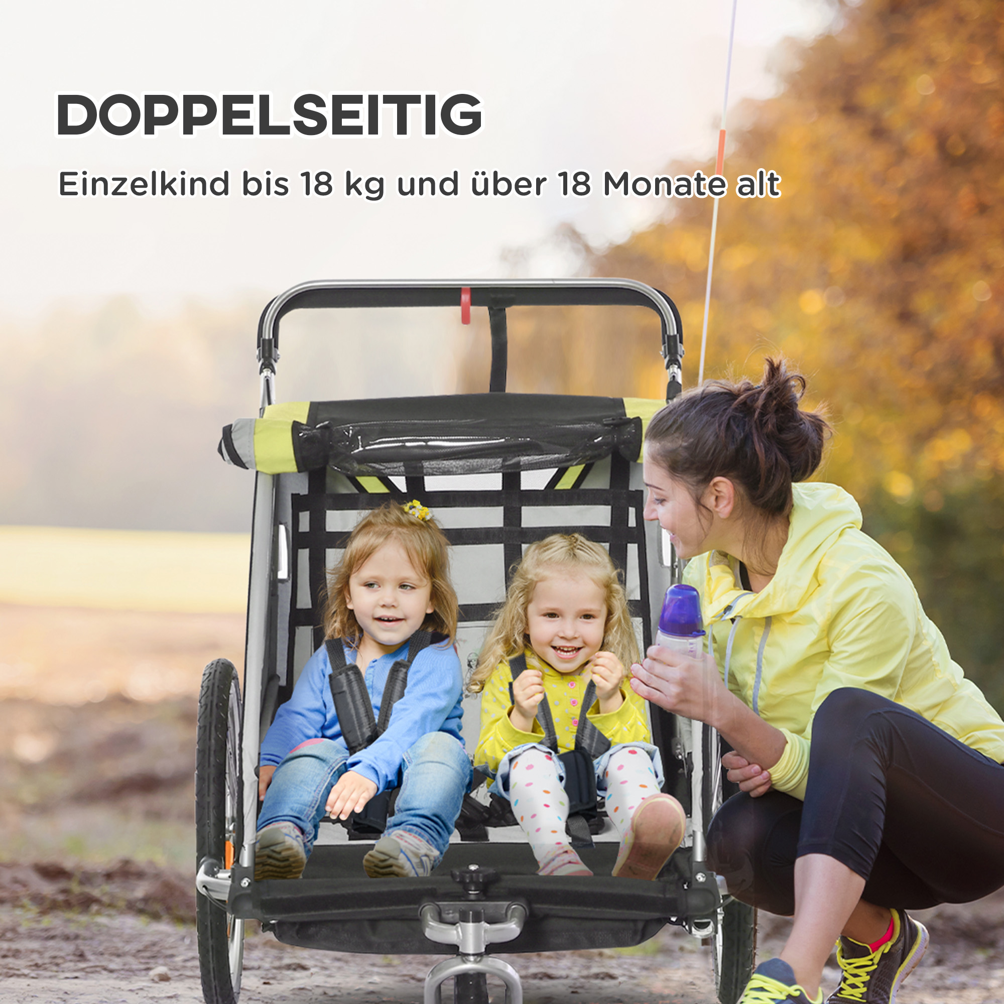 2-in-1 Fahrradanhänger für 2 Kinder, Schiebefunktion, Regenschutz, Bremse, Gelb