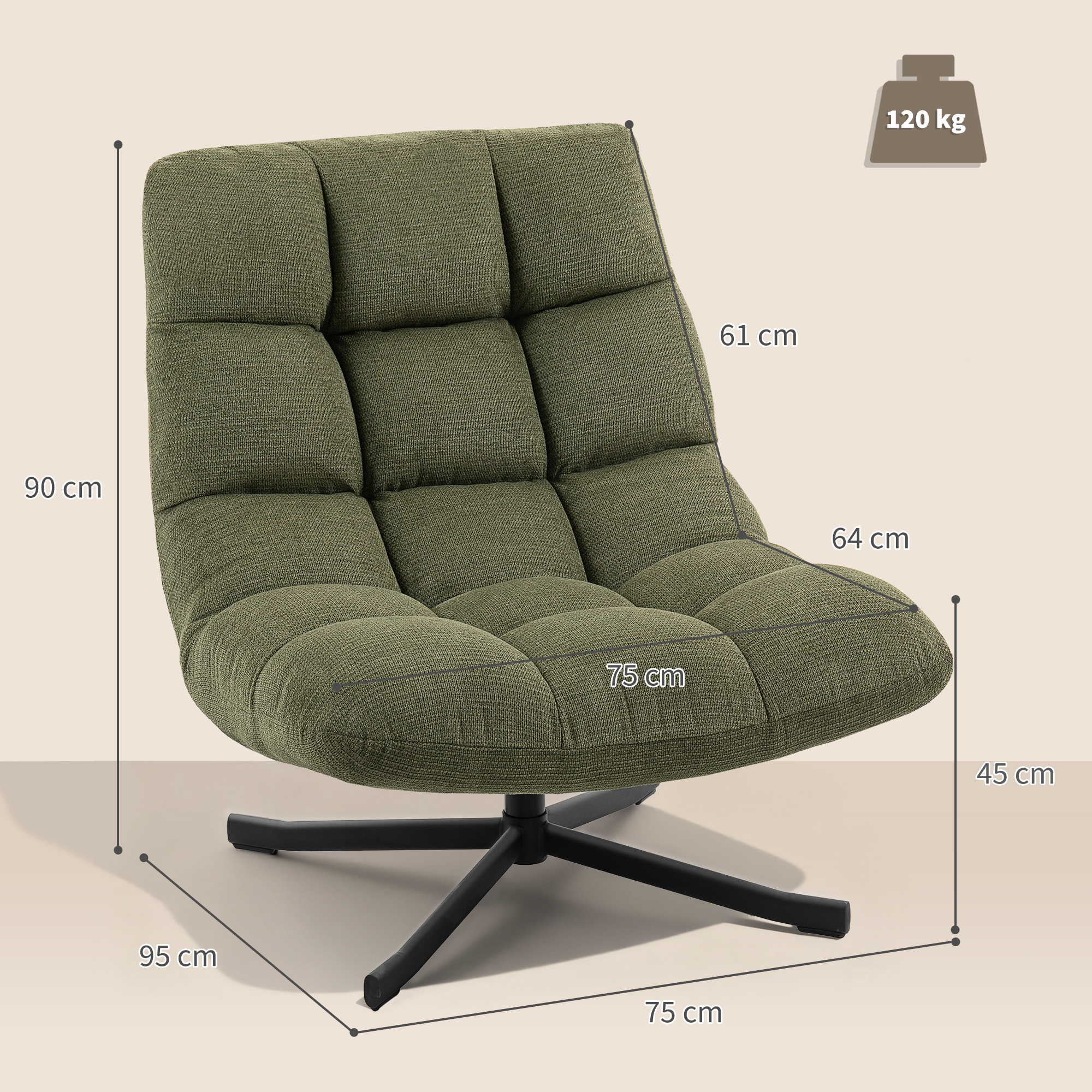 Sessel Drehbar Loungesessel mit Breiter Sitzfläche, wasserabweisend Chenille-Optik, gekreuzt Stahlbeine, Grün