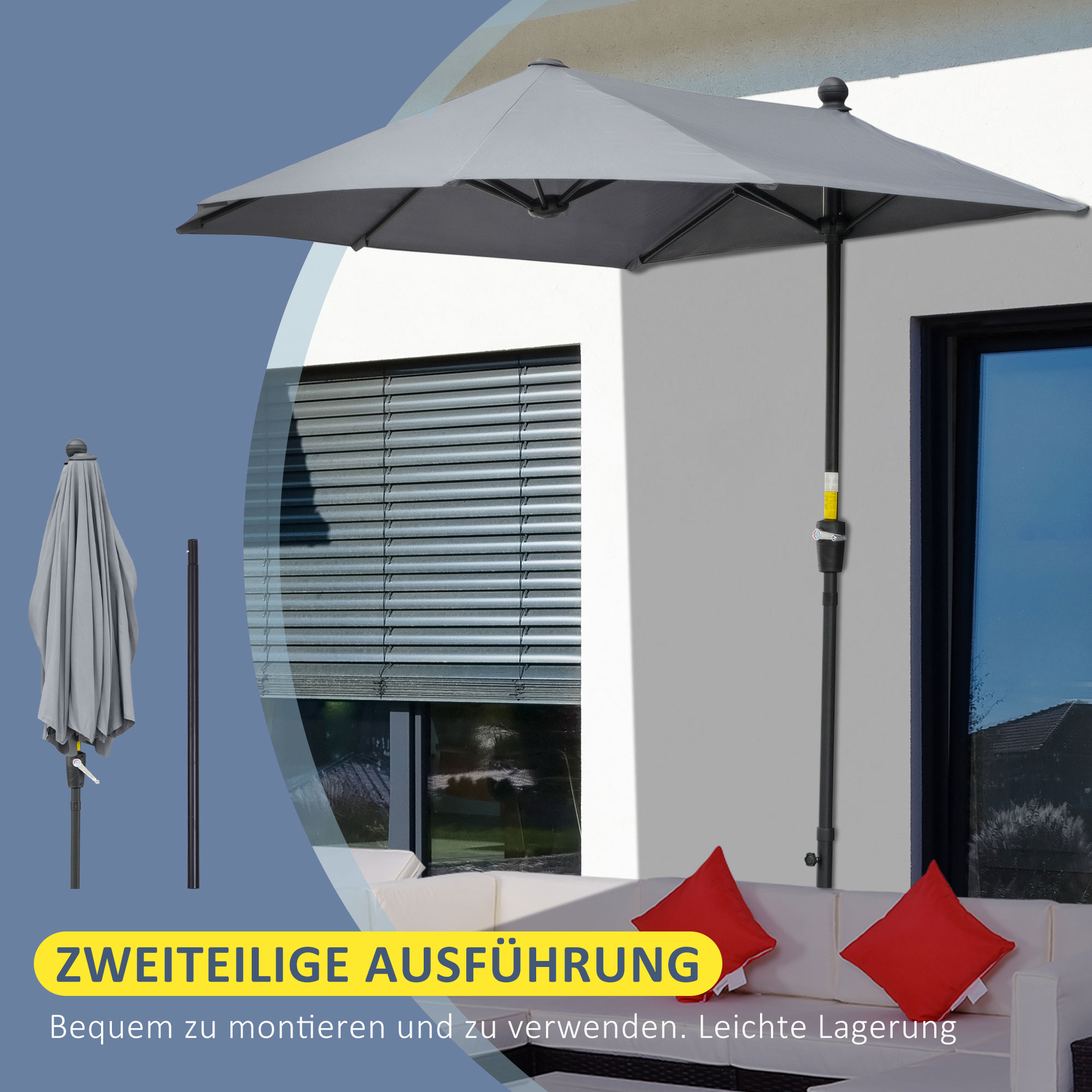 2 x 2 m Sonnenschirm Halbrundschirm Balkonschirm mit Halterung wasserabweisend für Garten Terrassen Höfe 100% Polyester Dunkelgrau