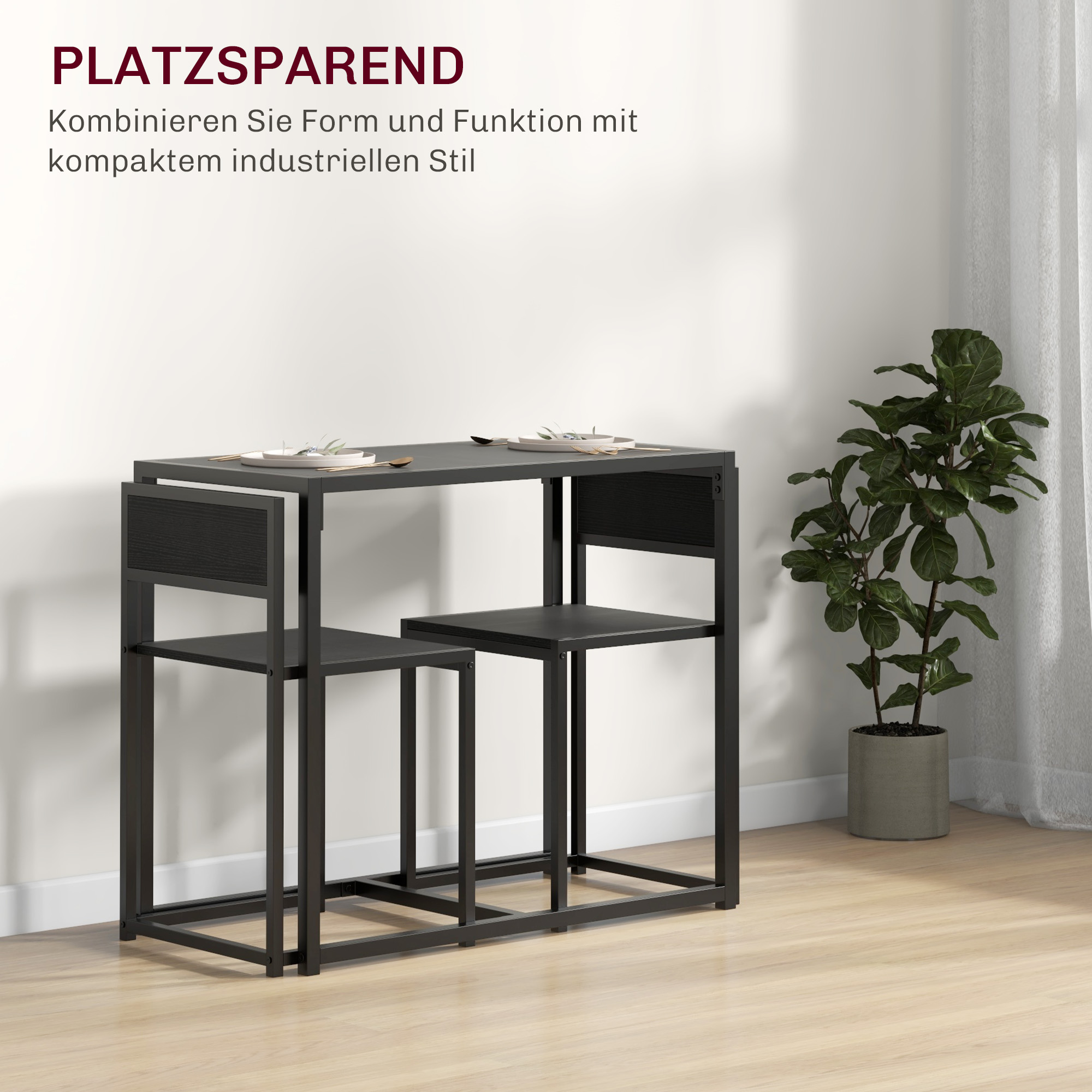 3-teiliges Bartisch-Set Hochtisch-Set 3-teilig, 2 Stühle, 1 Tisch, 90 cm x 47 cm x 76  cm, Schwarz