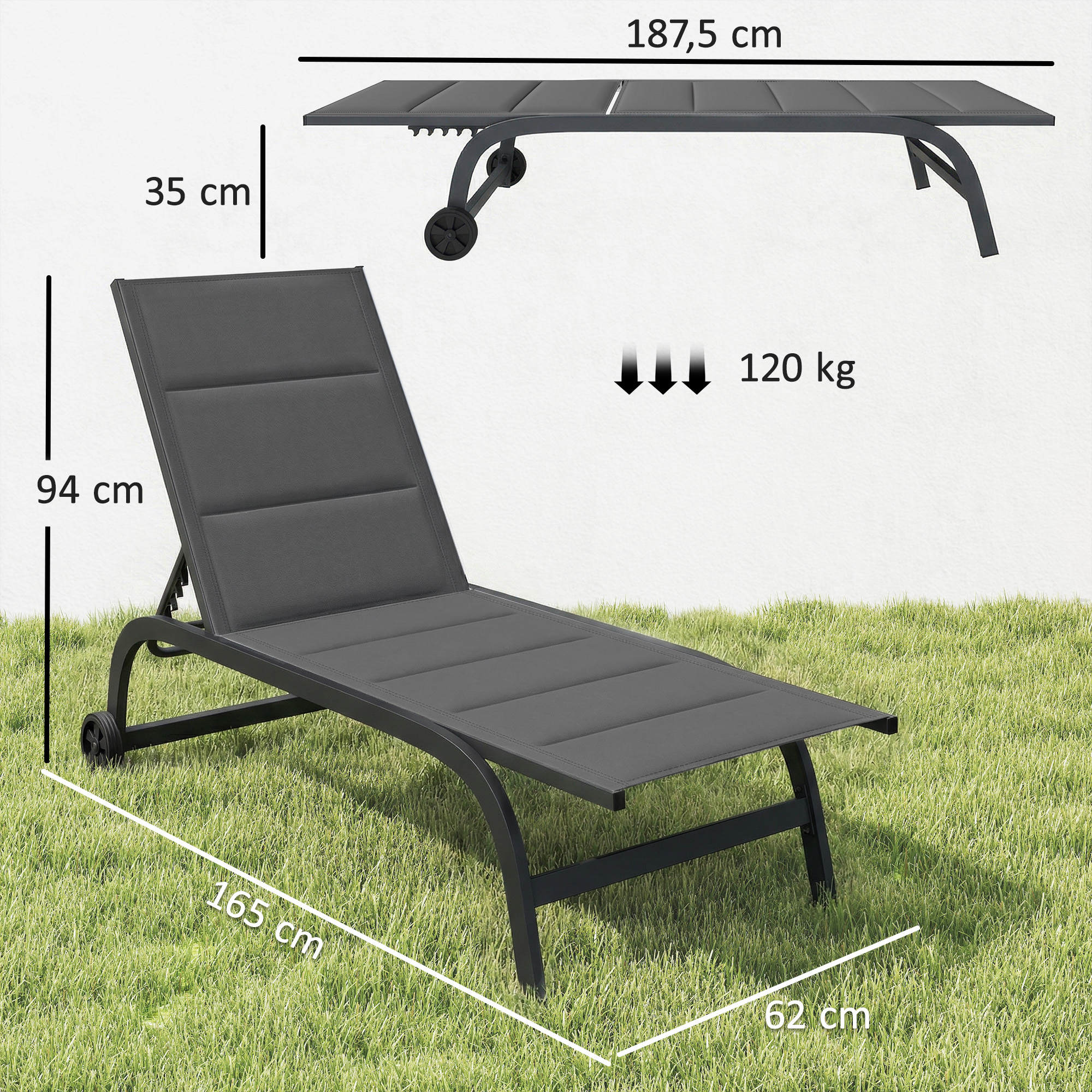 Sonnenliege Atmungsaktive Gartenliege mit 6-fach Verstellbar Rückenlehne Rädern Aluminiumrahmen Dunkelgrau