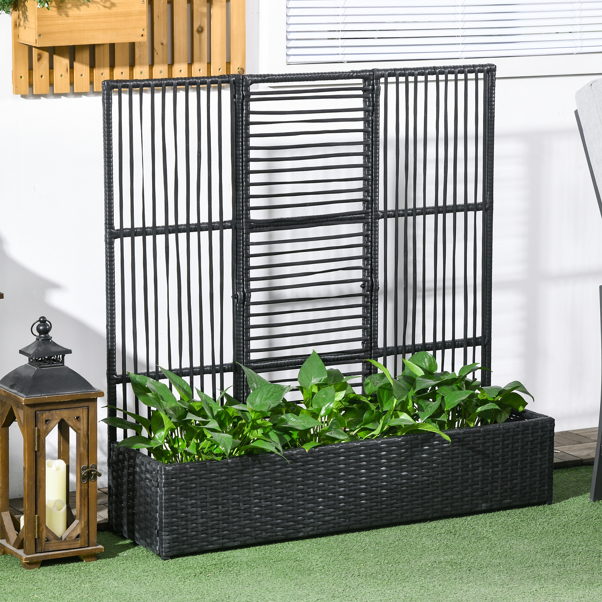 Blumenkasten mit Spalier, wetterfest, Polyrattan, 103 x 103 x 29 cm, Schwarz