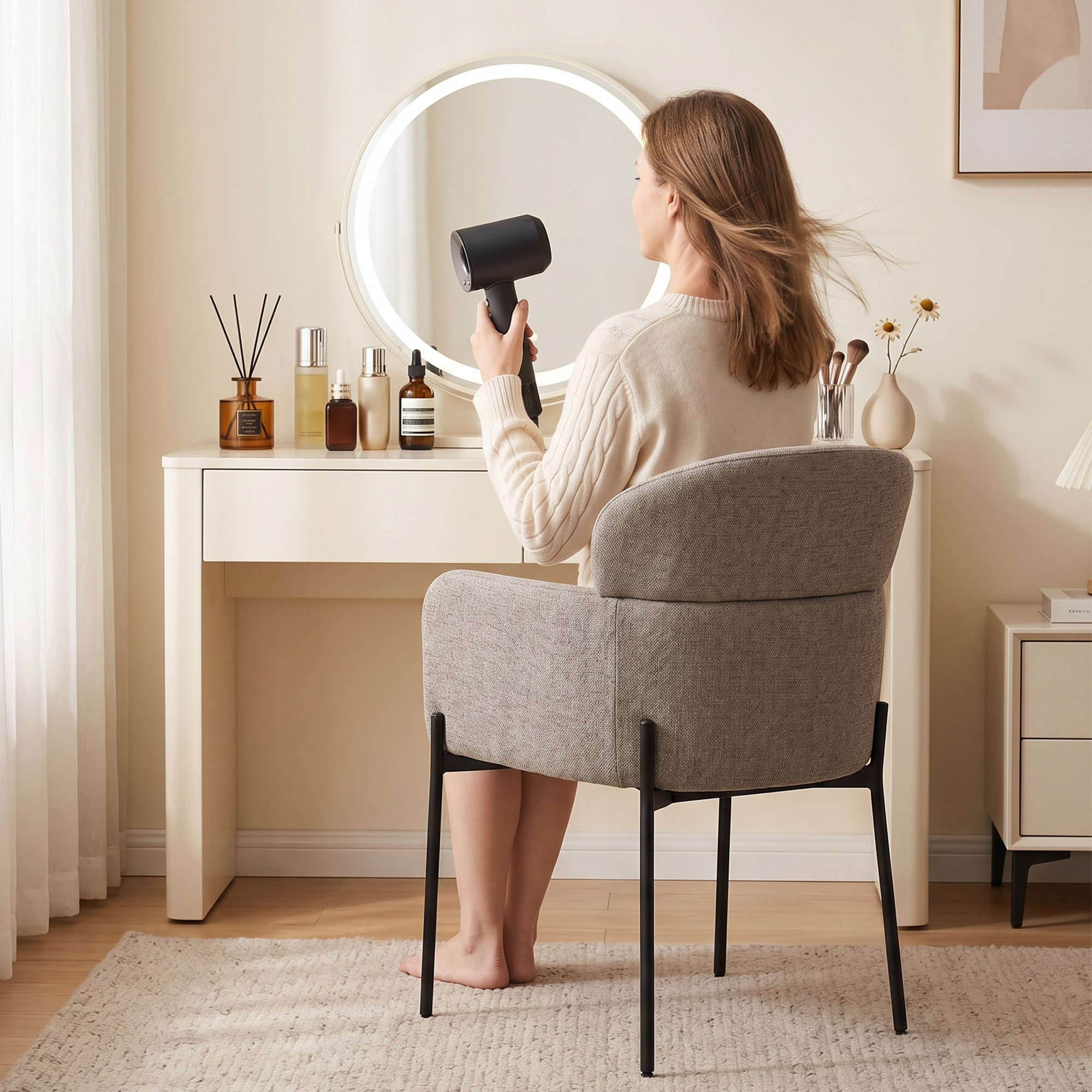Sessel Wohnzimmer Loungesessel mit Chenille-Optik, Armlehnen, Metallbeinen für Schlafzimmer, Hellbraun