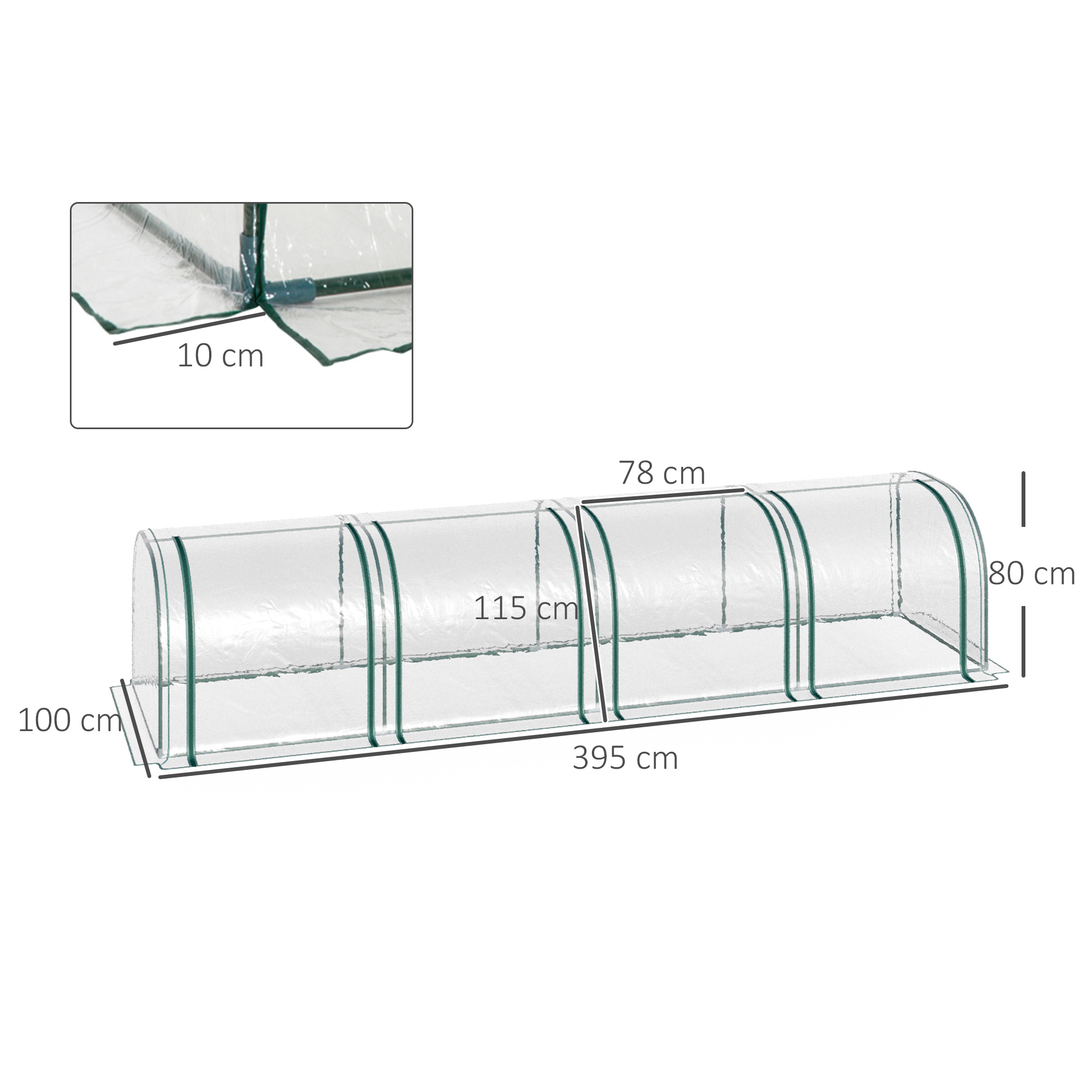 Tunnelgewächshaus, 4 Fenster mit Reißverschluss, Stahlrahmen, robuste Plane, transparent, 395 x 100 x 80cm