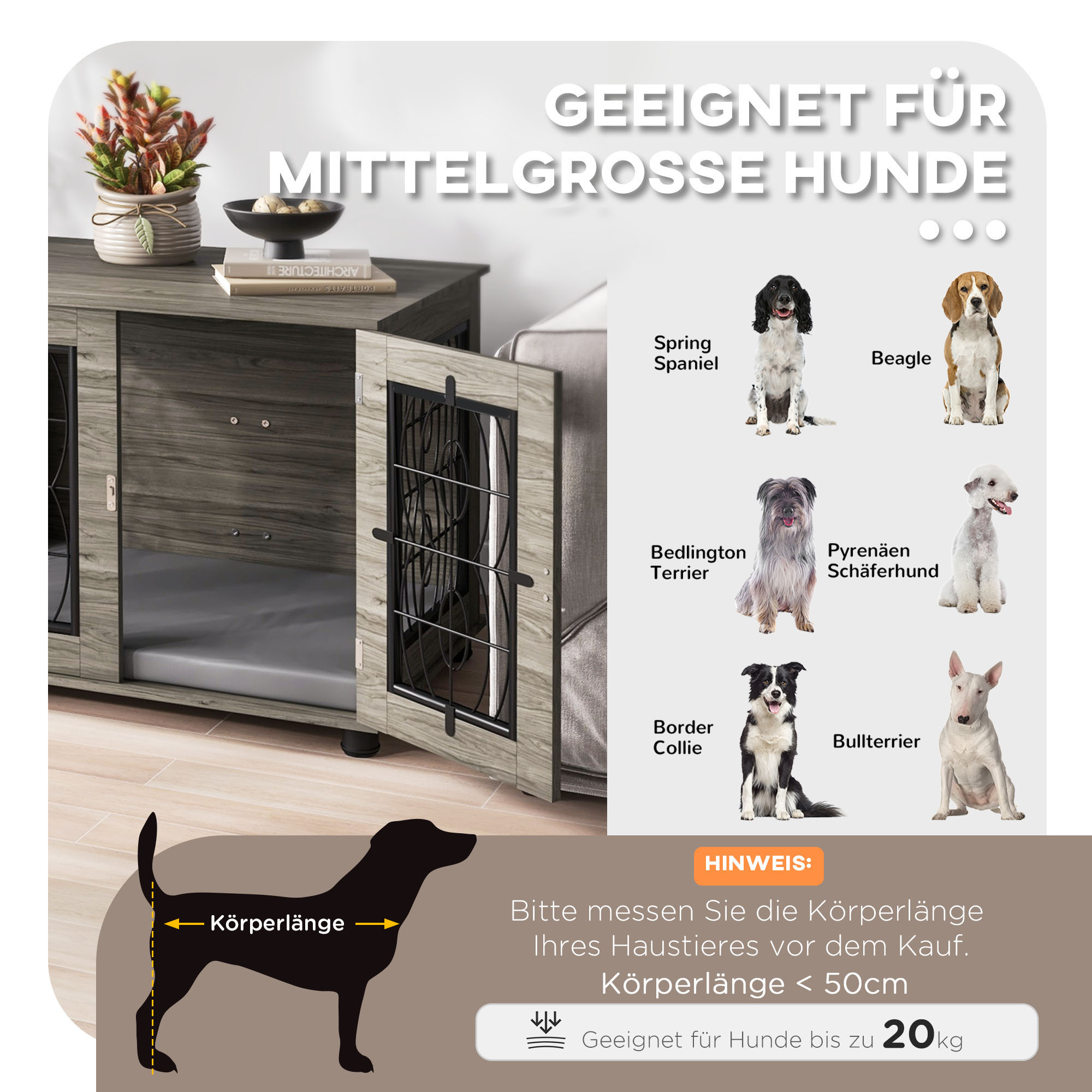 Hundebox mit Liegekissen, bis 20kg/50cm Körperlänge, Metall, 80x56x63cm, Grau/Holzdekor