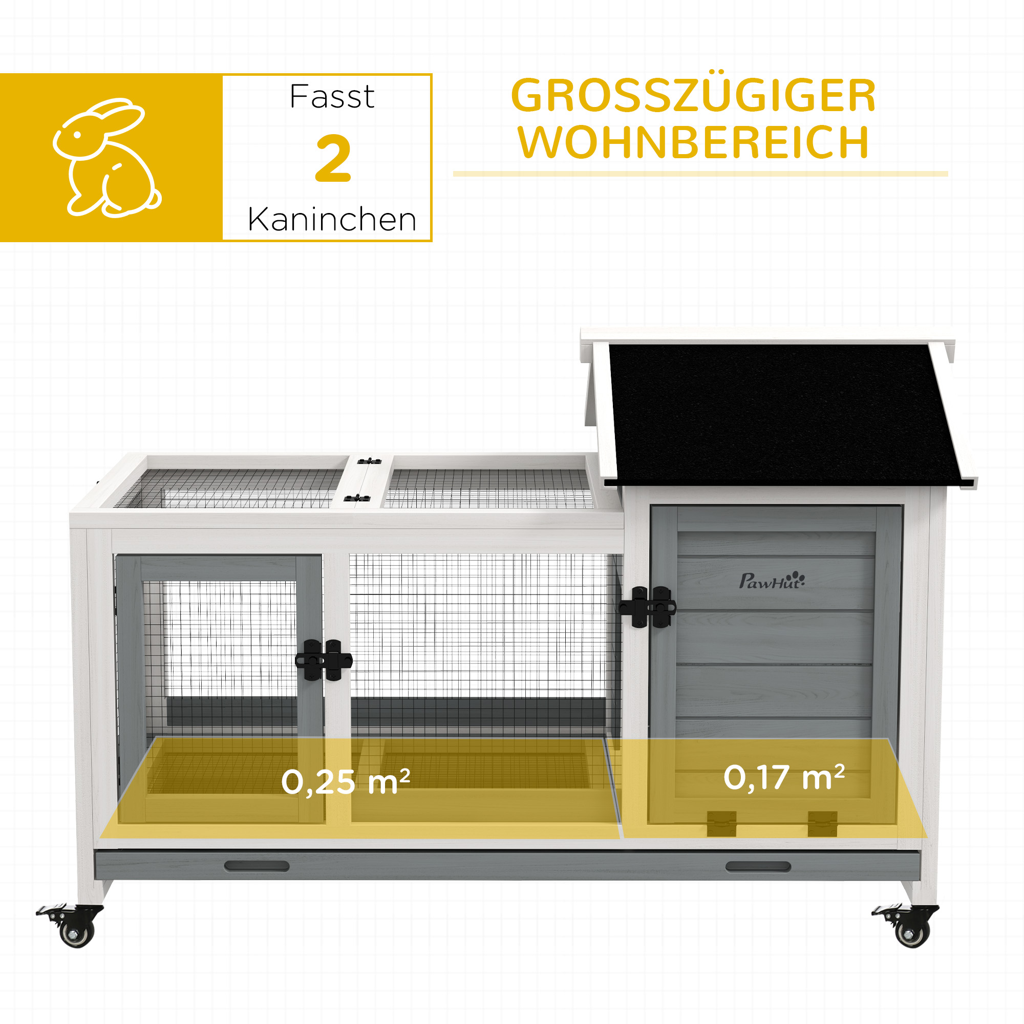 Kleintierstall für Zwergkaninchen, Meerschweinchen, mit Rädern, 108 x 58 x 73,5 cm, Grau