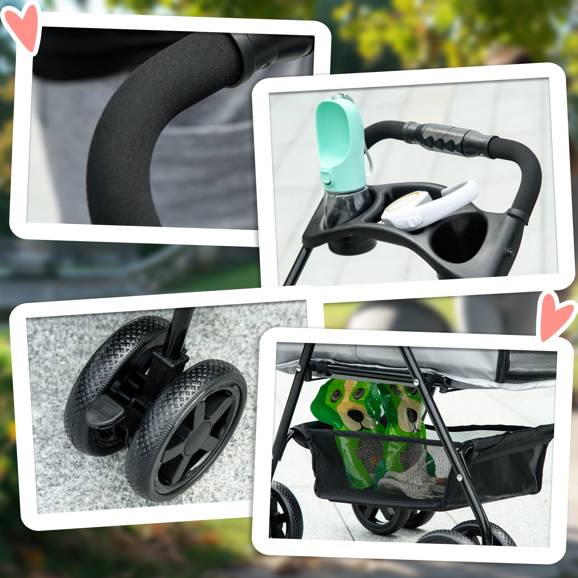 Hundebuggy Hundewagen bis 4 kg Klappbar Netzfenster Bodenkorb Becherhalter abnehmbares Dach grau 67 x 45 x 96 cm