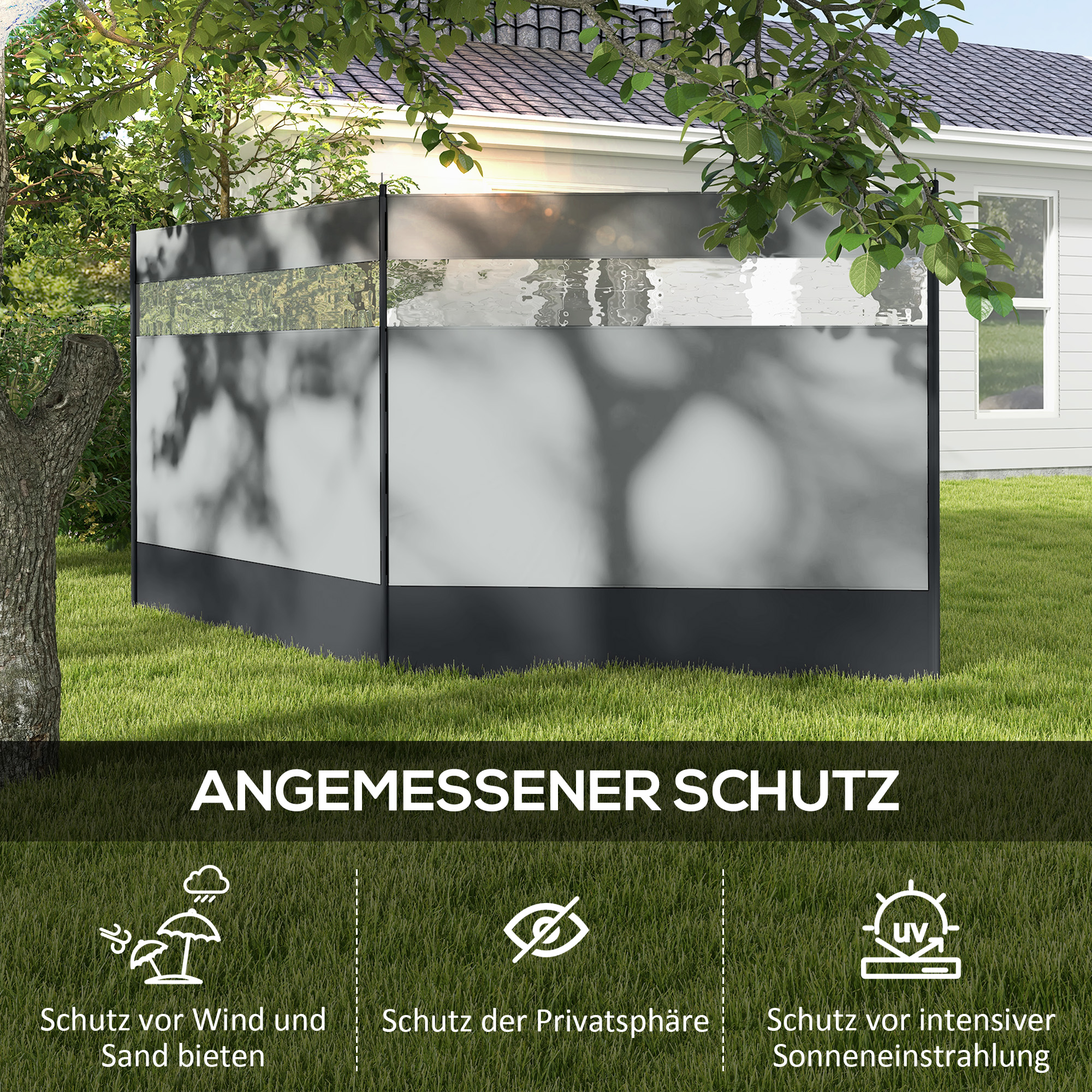 Windschutz mit Sichtfenster und Tragetasche, Stahlstangen, 440x140cm, Grau
