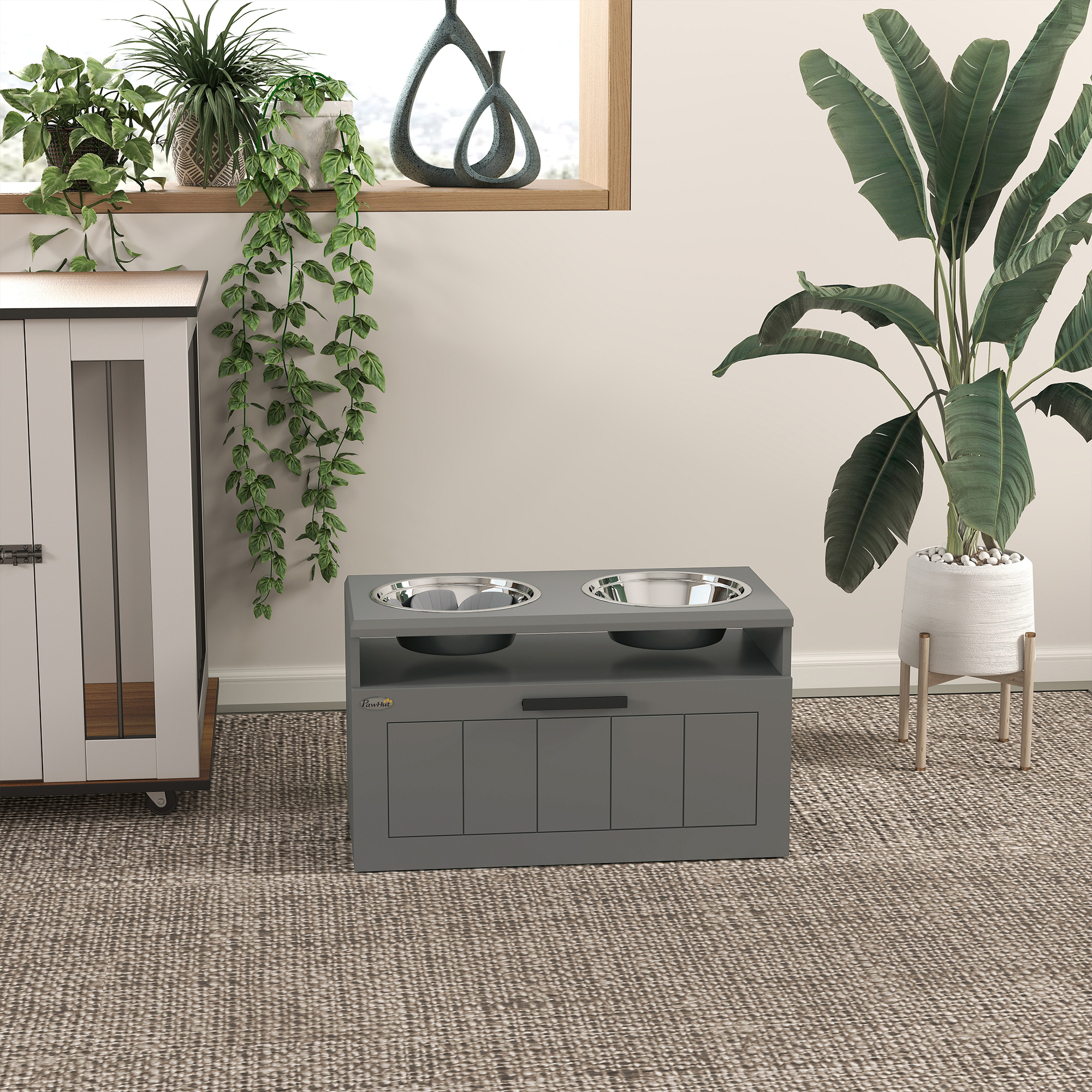 Futterstation für große Hunde, mit 2 Edelstahlnäpfen, Schublade, Futterspender für Haustiere, MDF, Stahl, Grau