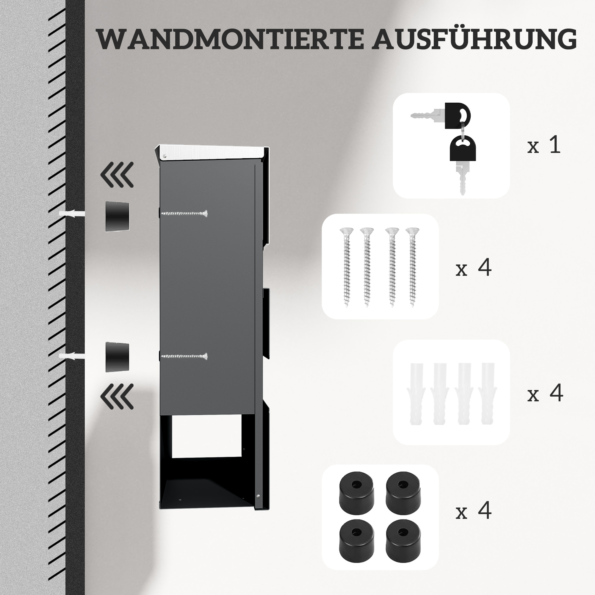 Briefkasten, Wandmontage, Abschließbar, Sichtfenster, Stahl, Grau