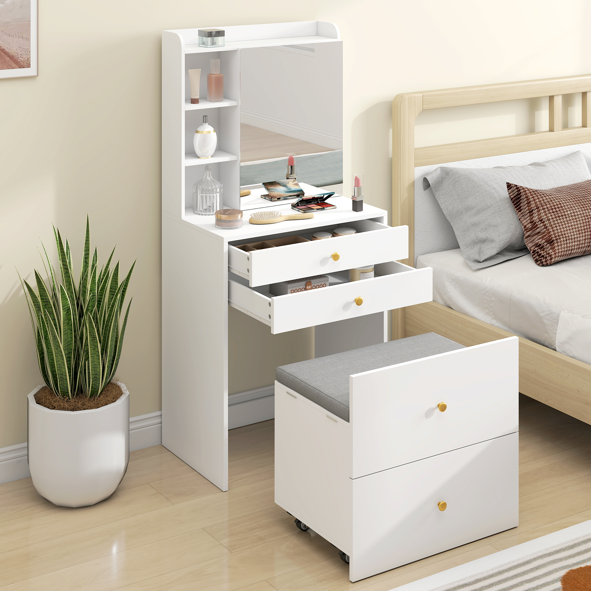 Schminktisch mit Spiegel und gepolstertem Hocker, kompakter Frisiertisch mit Schrank, Schubladen und offenen Ablagen, Weiß