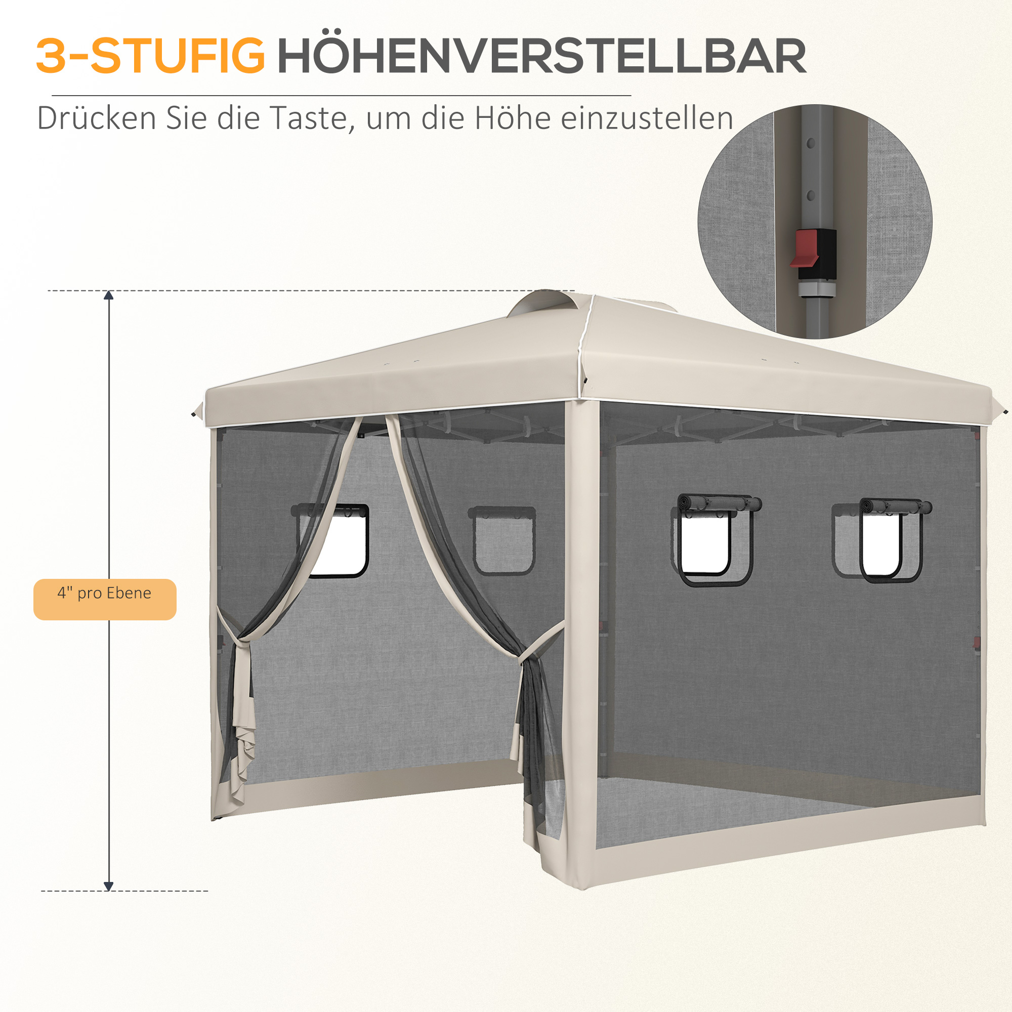 Faltpavillon, höhenverstellbar, Netzvorhänge, Tragetasche, Metallgestell, 3 x 3 x 3 m, Beige