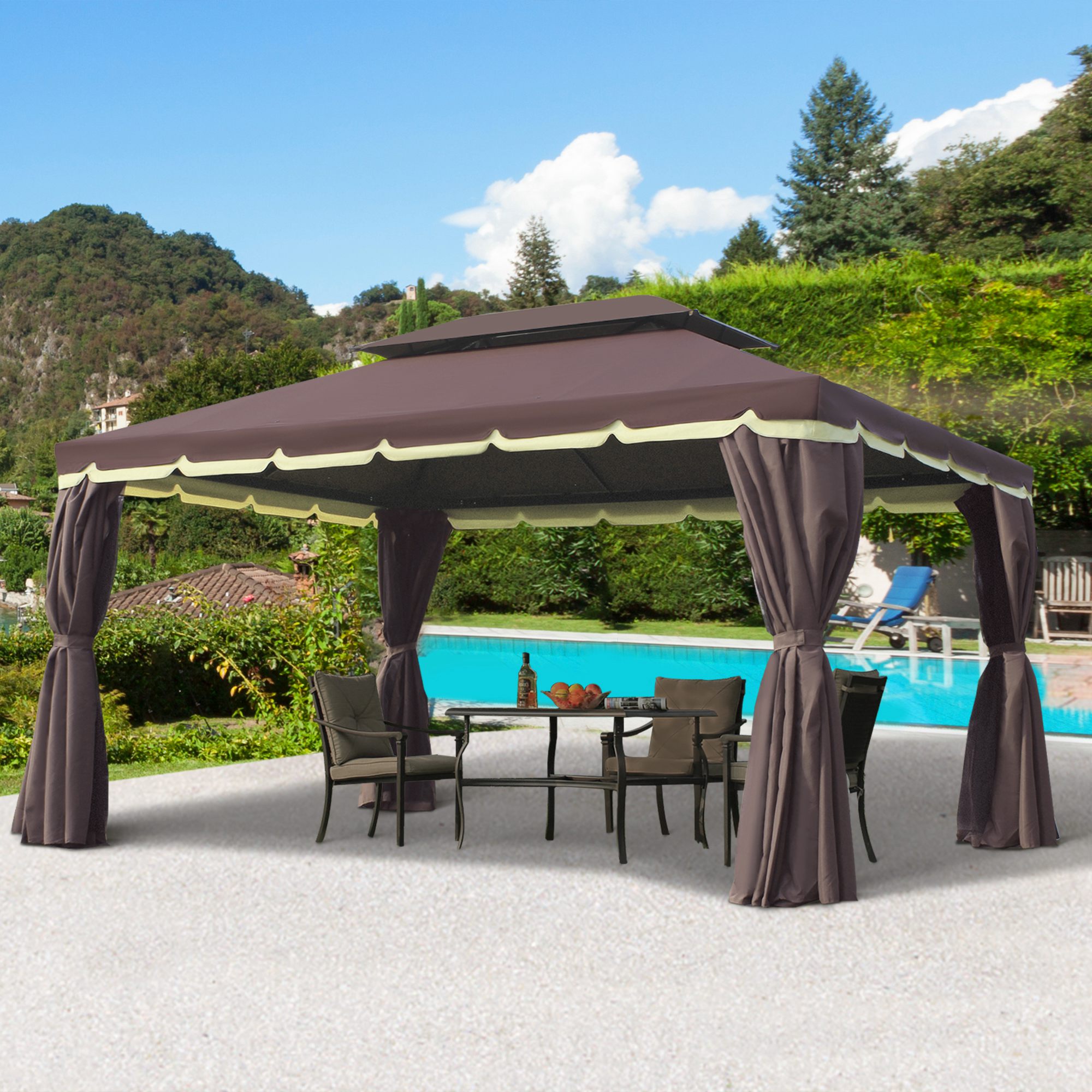 Gartenpavillon Pavillon 390 x 290 x 280 cm Gartenzelt Festzelt Partyzelt mit 4 x Seitenteile Moskitonetz wetterfest Aluminium Polyester Kaffee+Schwarz