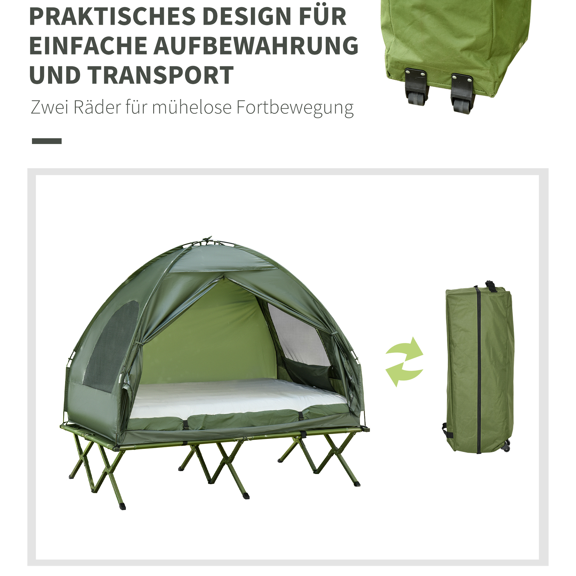 Campingzelt-Set für 2 Personen mit Feldbett und Luftmatratze Grün