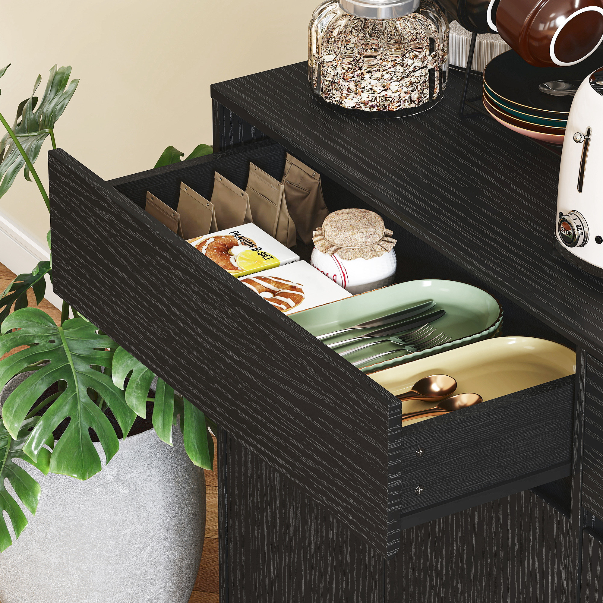 Buffet-Küchenschrank mit Arbeitsplatte, 6 Türen, hoher Stauraumschrank mit Regalen, Schwarz