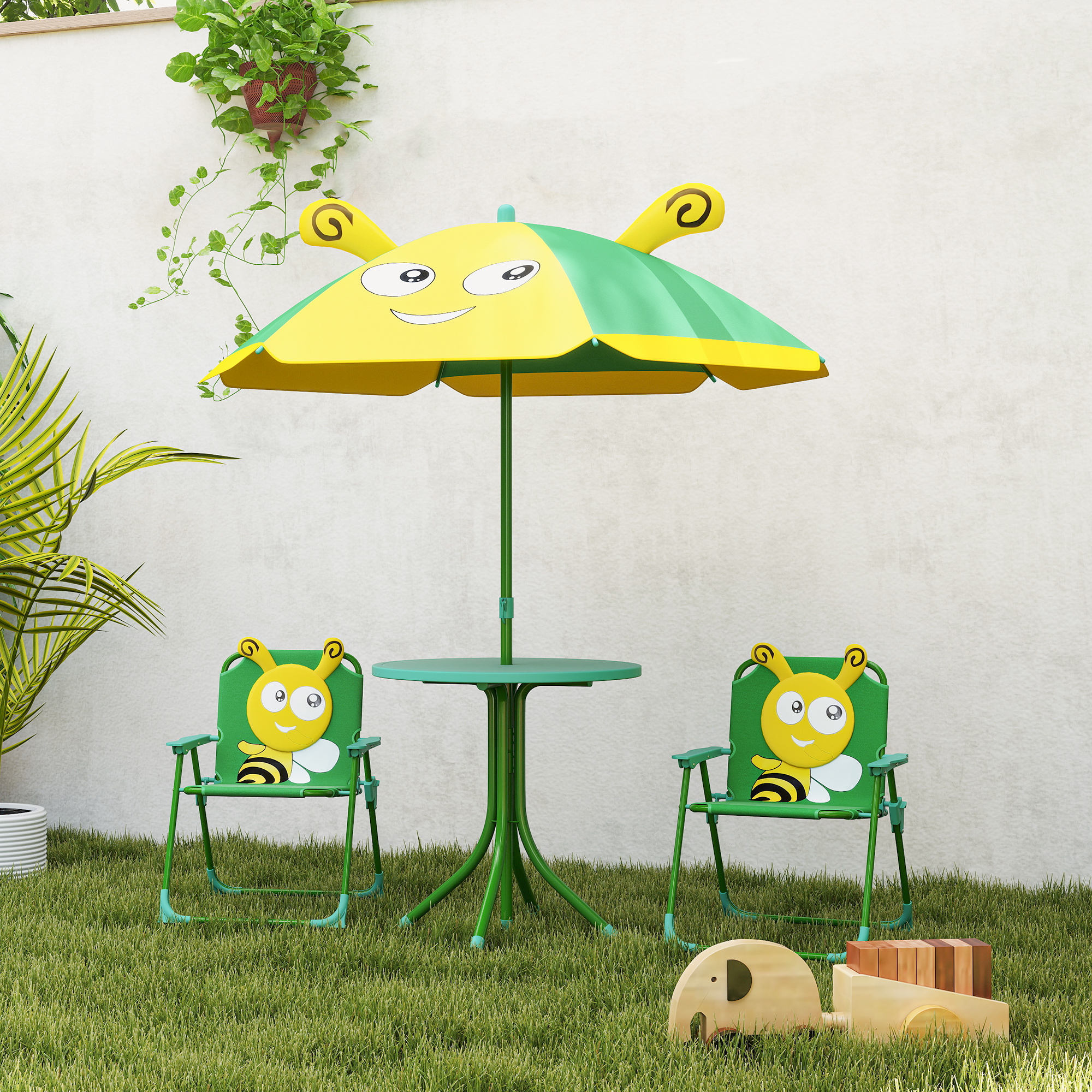 Gartenmöbel-Set für Kinder, Stühle, Tisch, Sonnenschirm, Bienen-Design, Grün+Gelb