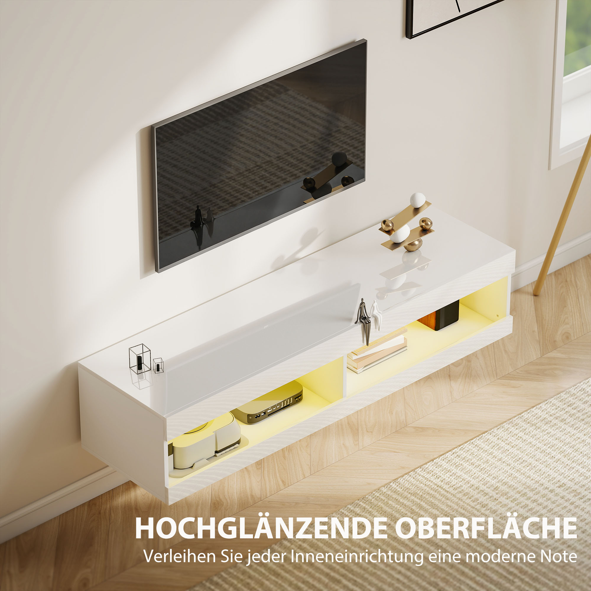 TV Schrank, Hängendes TV Lowboard mit RGB LED-Beleuchtung in 16 Farben, TV Ständer mit offenen Stauraum, für 55-60 Zoll Fernseher, für Wohnzimmer, Schlafzimmer, 140 x 40 x 30 cm, Hochglanzweiß