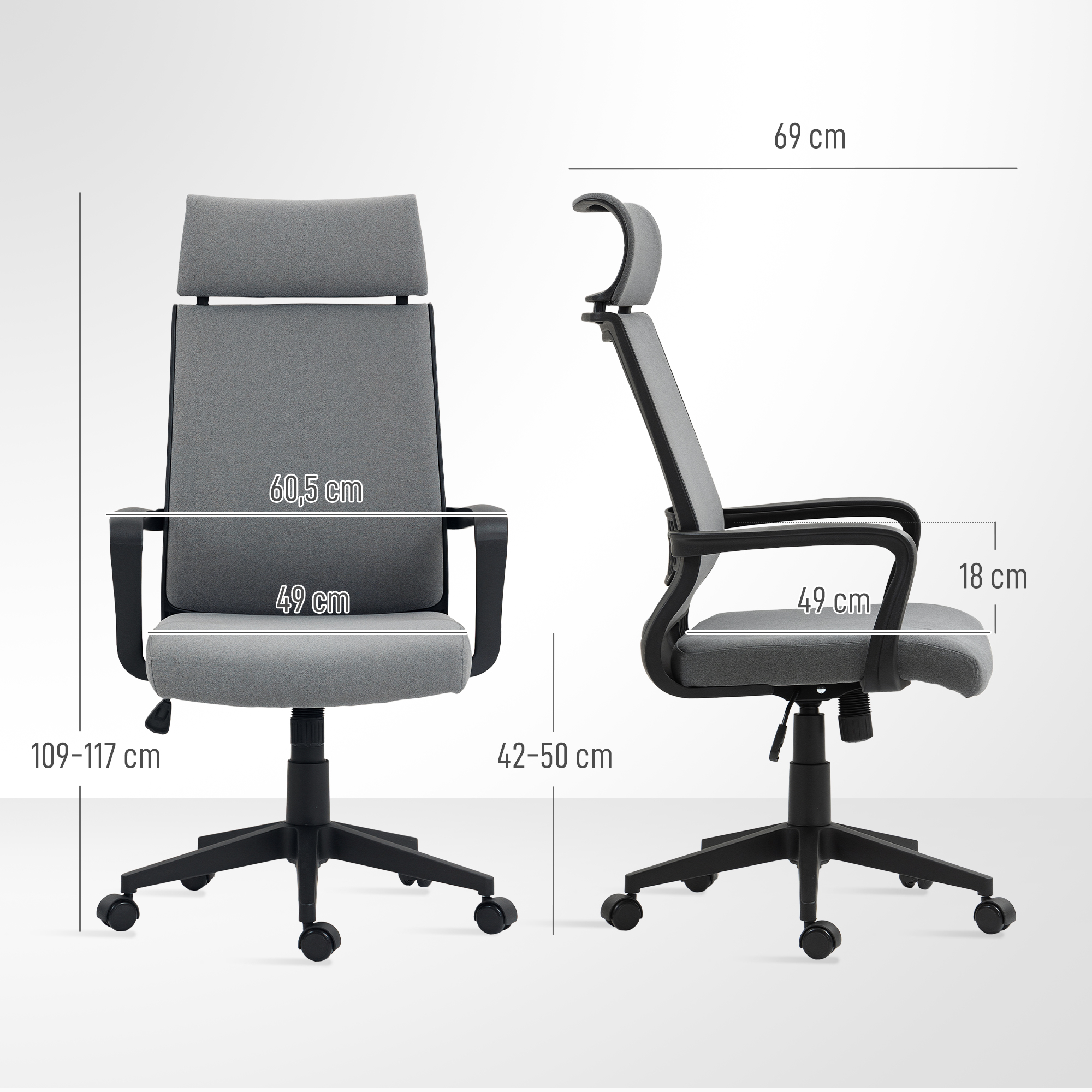 Bürostuhl mit weicher Rückenlehne, Räder, Armlehnen, höhenverstellbarer Schreibtischstuhl, Kunstwolle, Grau