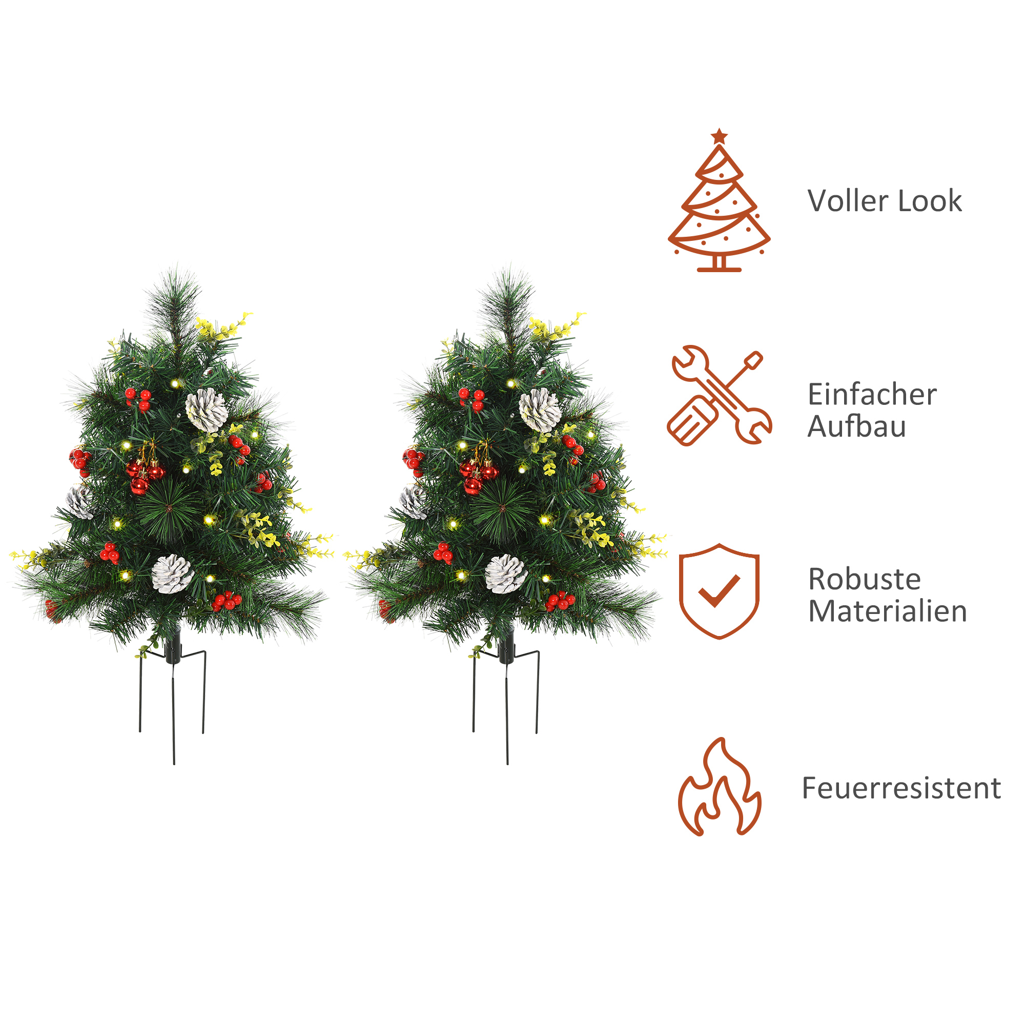 2-er Set Weihnachtsbäume, Künstlicher Mini-Christbaum mit LED-Lichtern, Kunststoff, Metall, Ø33 x 75 cm, Grün