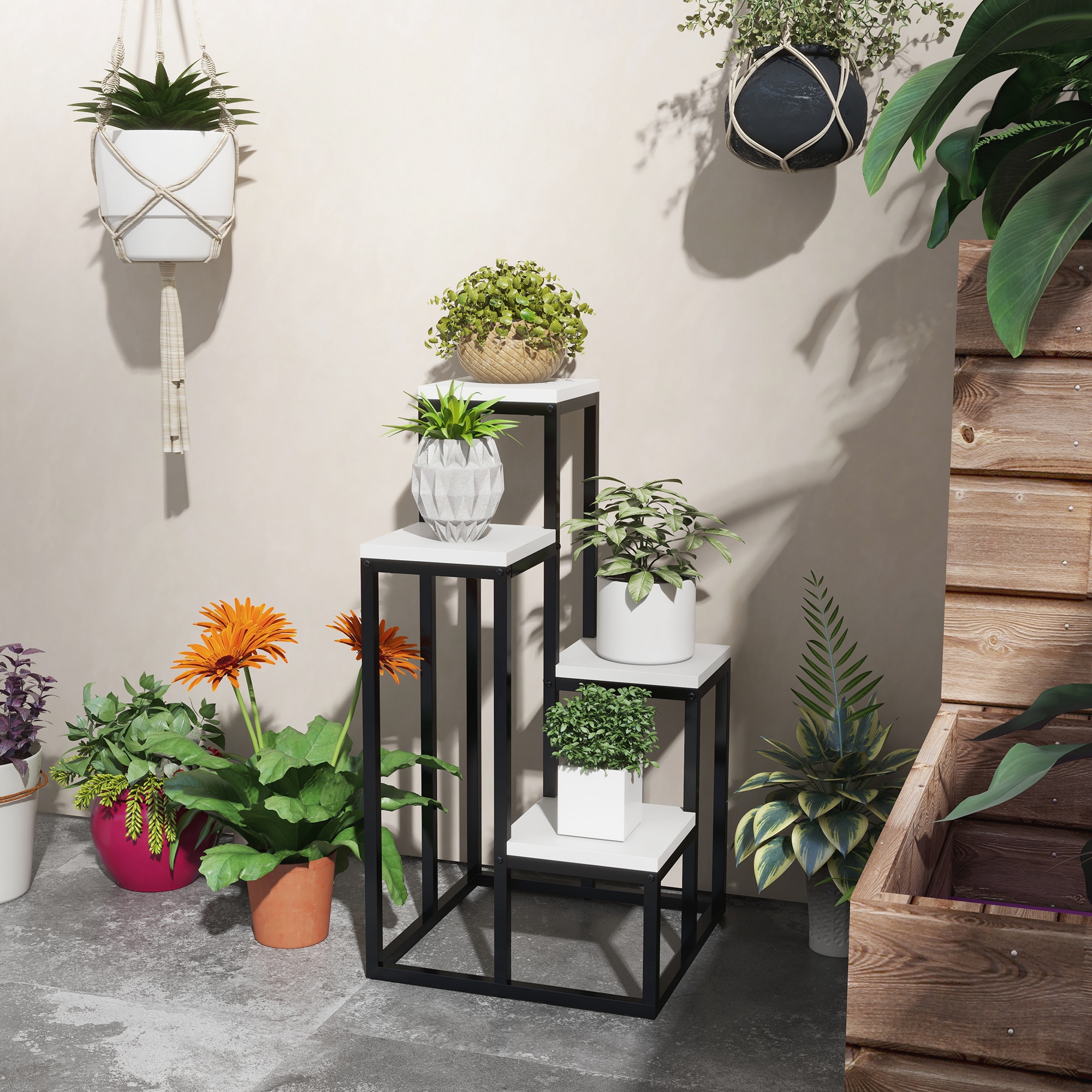 Blumenregal, 4 Etagen, Indoor & Outdoor, Metallrahmen, 34L x 34B x 70H cm, Schwarz+Weiß