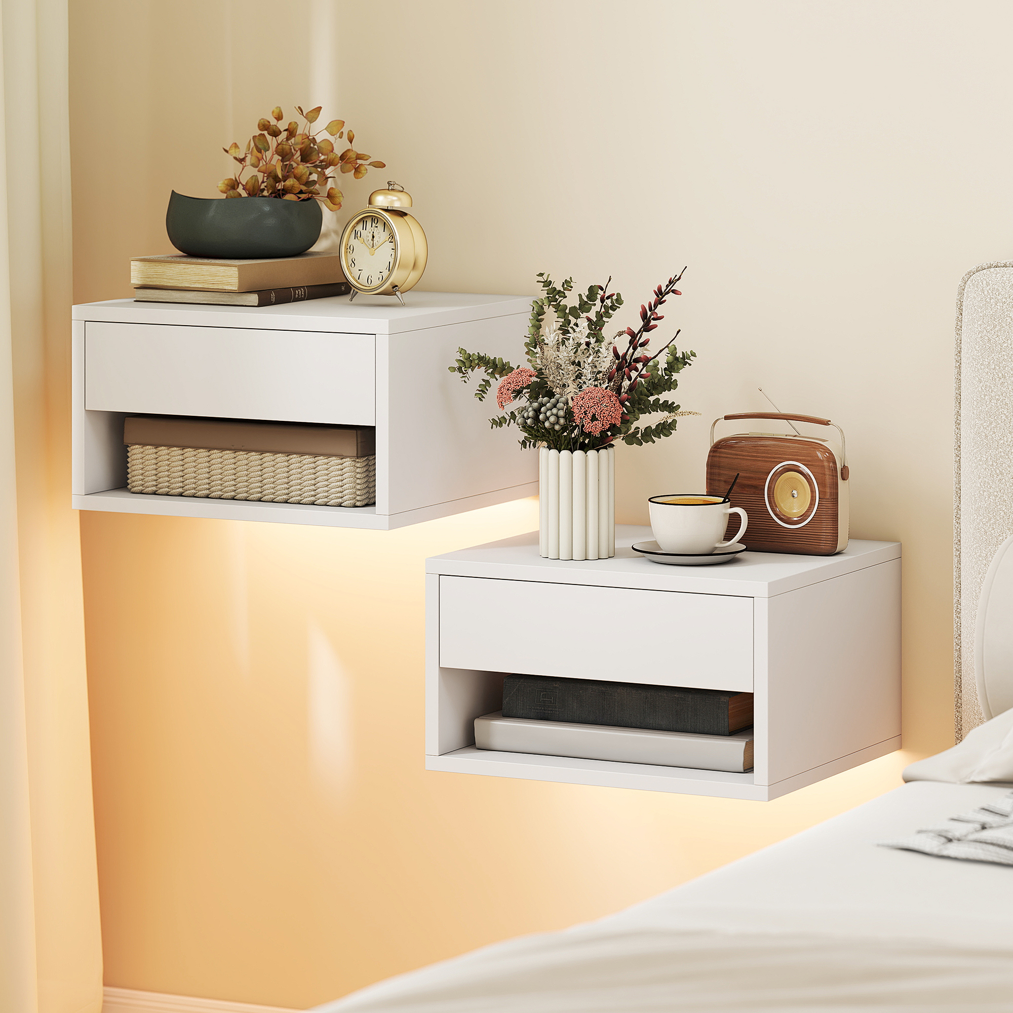 Nachttisch 2er-Set mit RGB-LED-Beleuchtung, schwebender Nachttisch mit Schublade und offenem Fach, Weiß