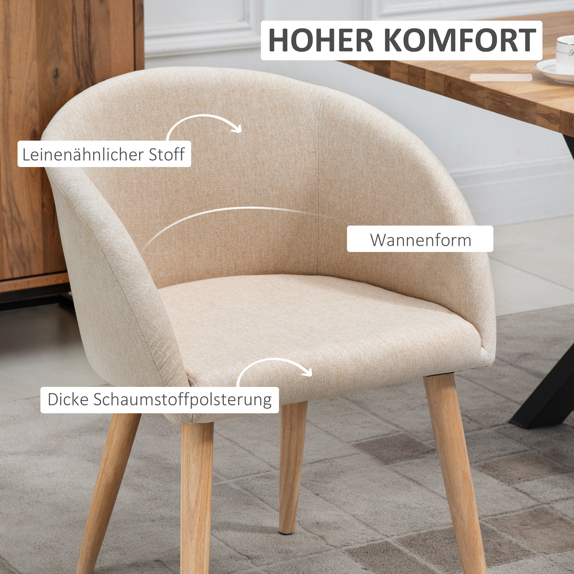 2er-Set gepolsterte Stühle, skandinavisches Design, Polsterstühle mit Holzbeinen, rutschfeste Pads, 150 kg Belastbarkeit, Beige