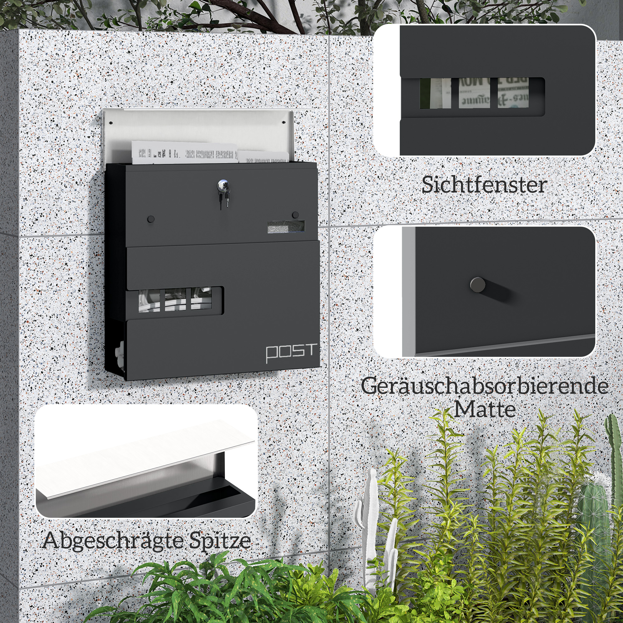 Briefkasten, Wandmontage, Abschließbar, Sichtfenster, Stahl, Grau