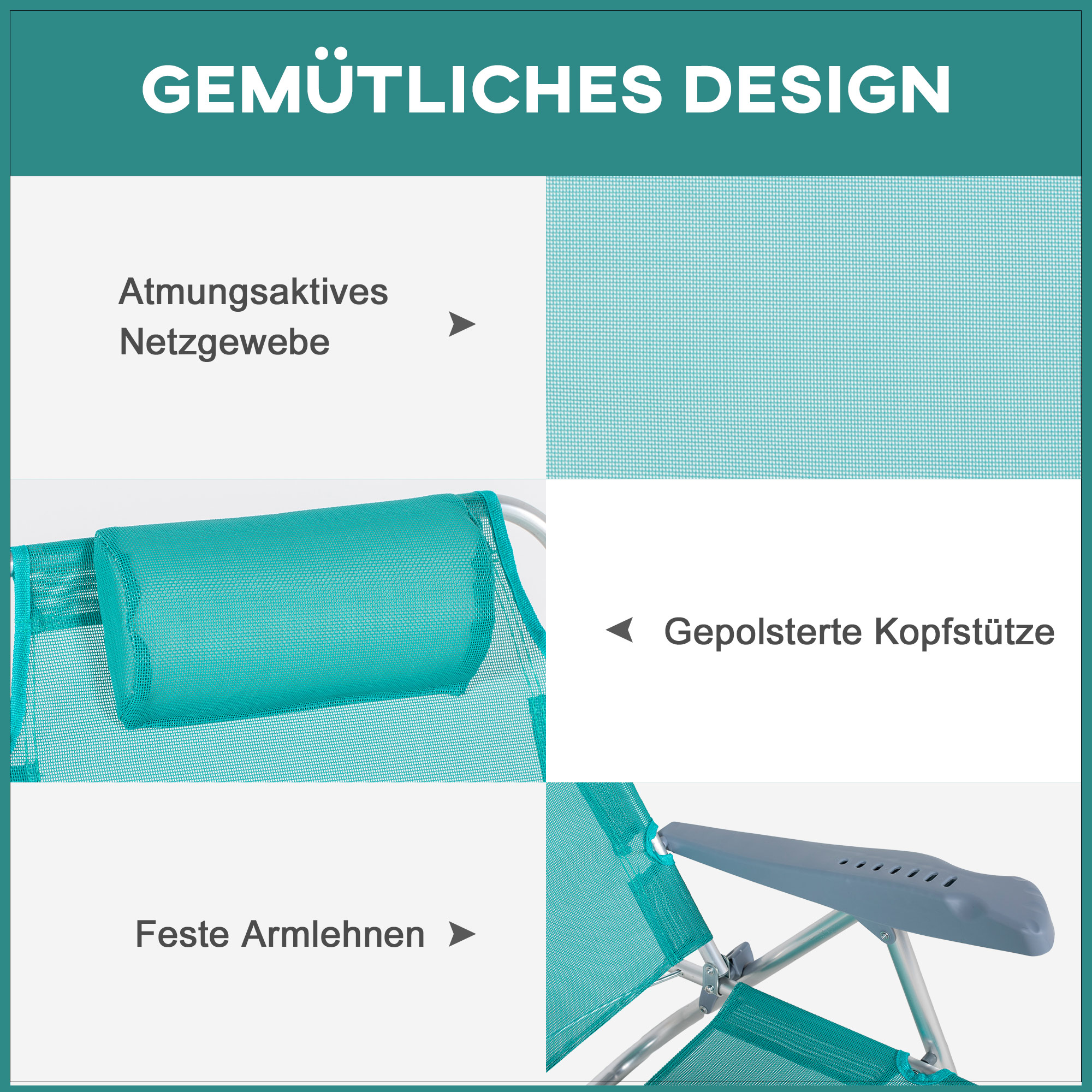 2er Set Campingstühle klappbar Campingstuhl mit 6-fach verstellbarer Netzrückenlehne Kopfstütze 62 x 65 x 80 cm Türkis