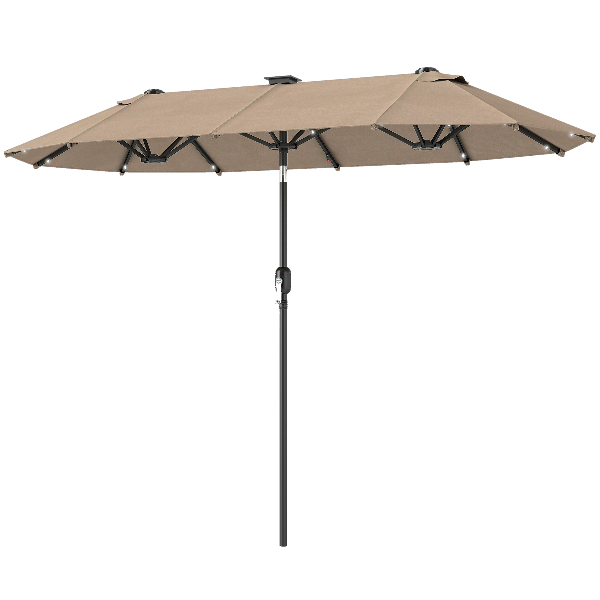 Doppelsonnenschirm 292 x 150 cm, Sonnenschirm mit mit LED-Beleuchtung Handkurbel, Knickfunktion Khaki
