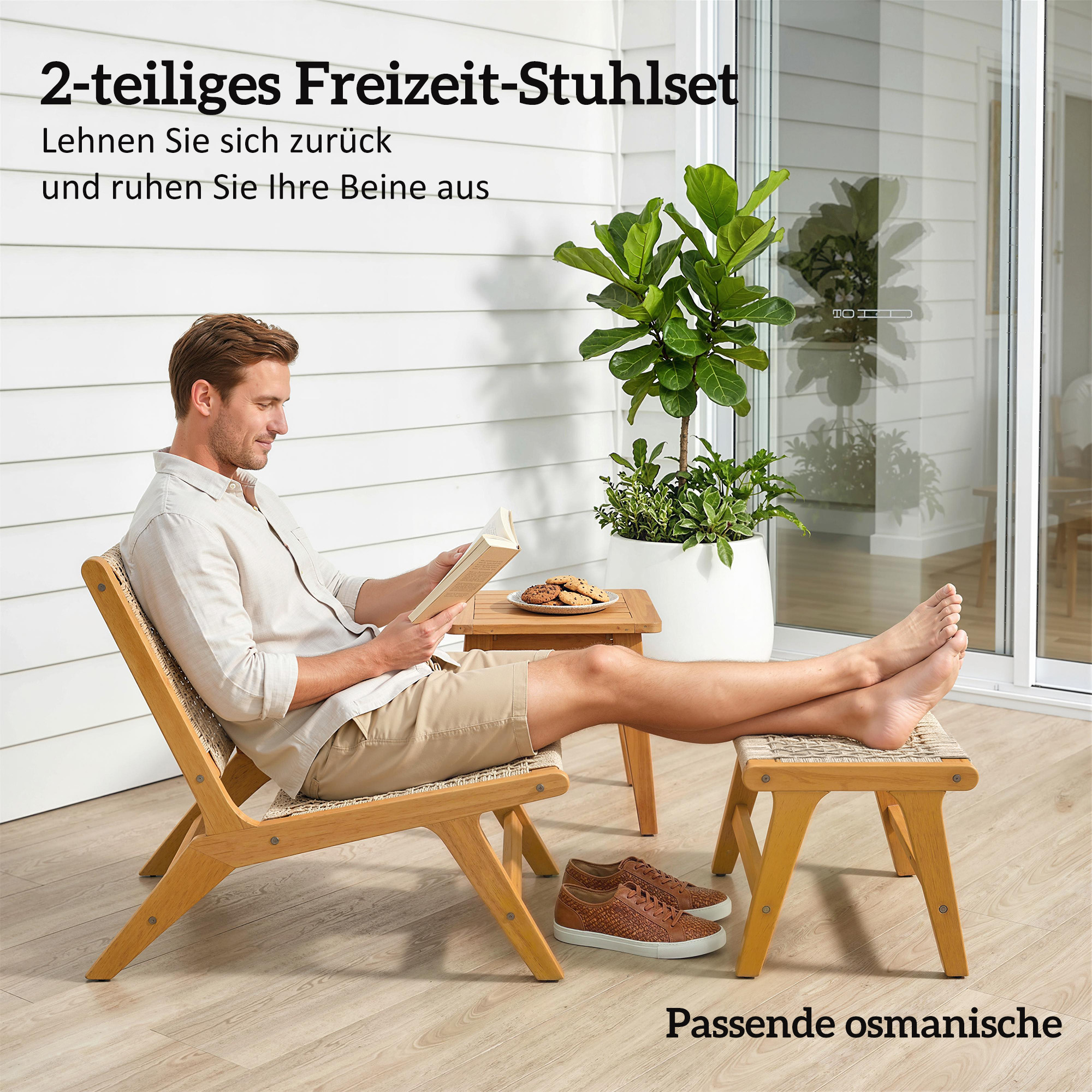 Gartensessel mit Hocker 2-teilig Akazienholz Outdoor Loungesessel mit Rattan-Sitz Boho-Stil verstellbare Füße