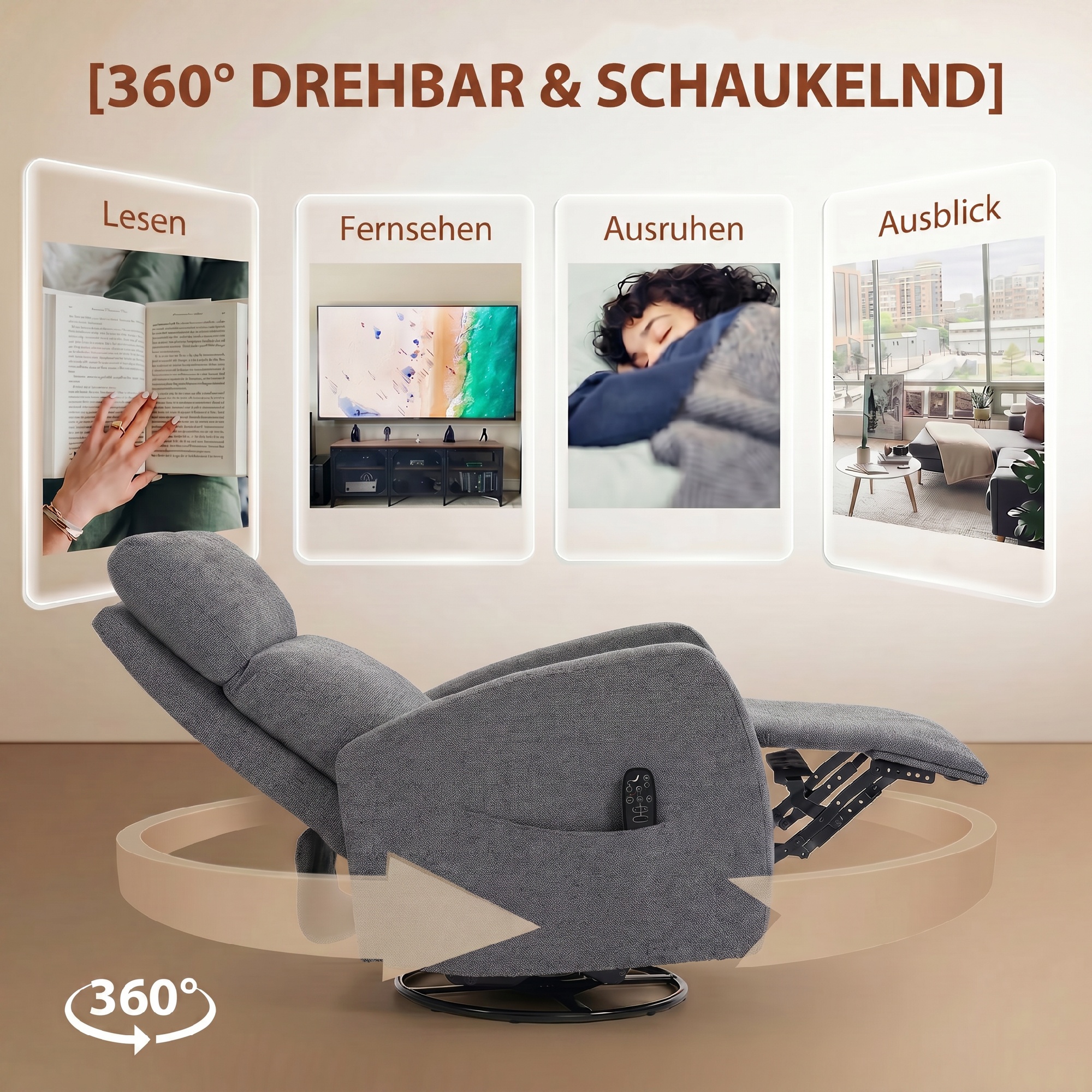 Relaxsessel drehbarer Fernsehsessel mit Wärme und Vibrationsmassage, Liegefunktion, Wippfunktion Dunkelgrau
