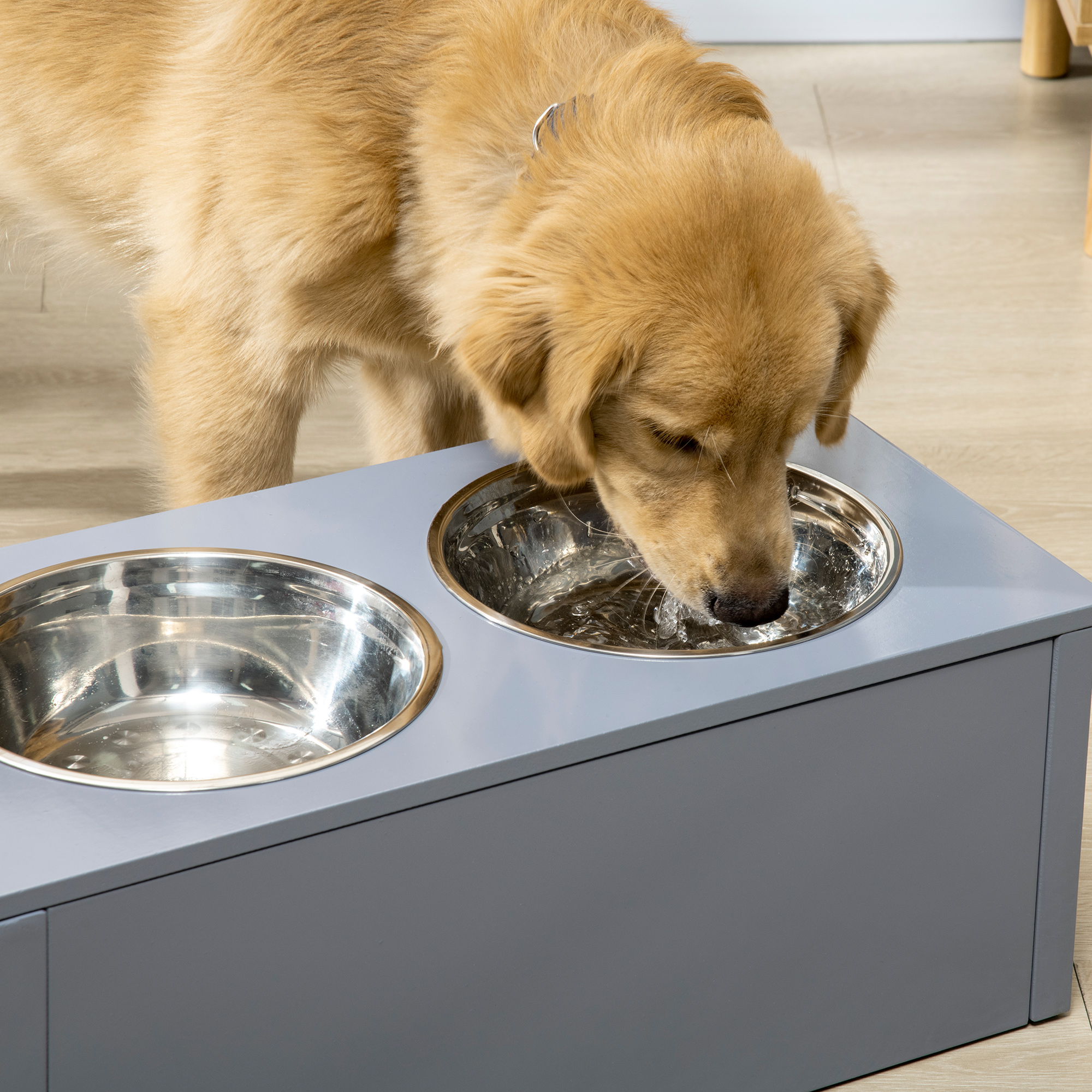 Futterstation, 2 Fressnäpfe je 2 Liter, Edelstahl, mit Schublade, für mittlere Hunde, grau, 60 x 30 x 24cm