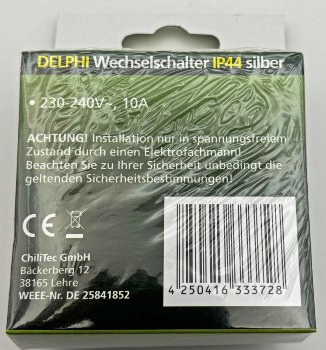 DELPHI Wechsel-Schalter IP44 / 250V~/ 10A, inkl. Rahmen, UP, silber