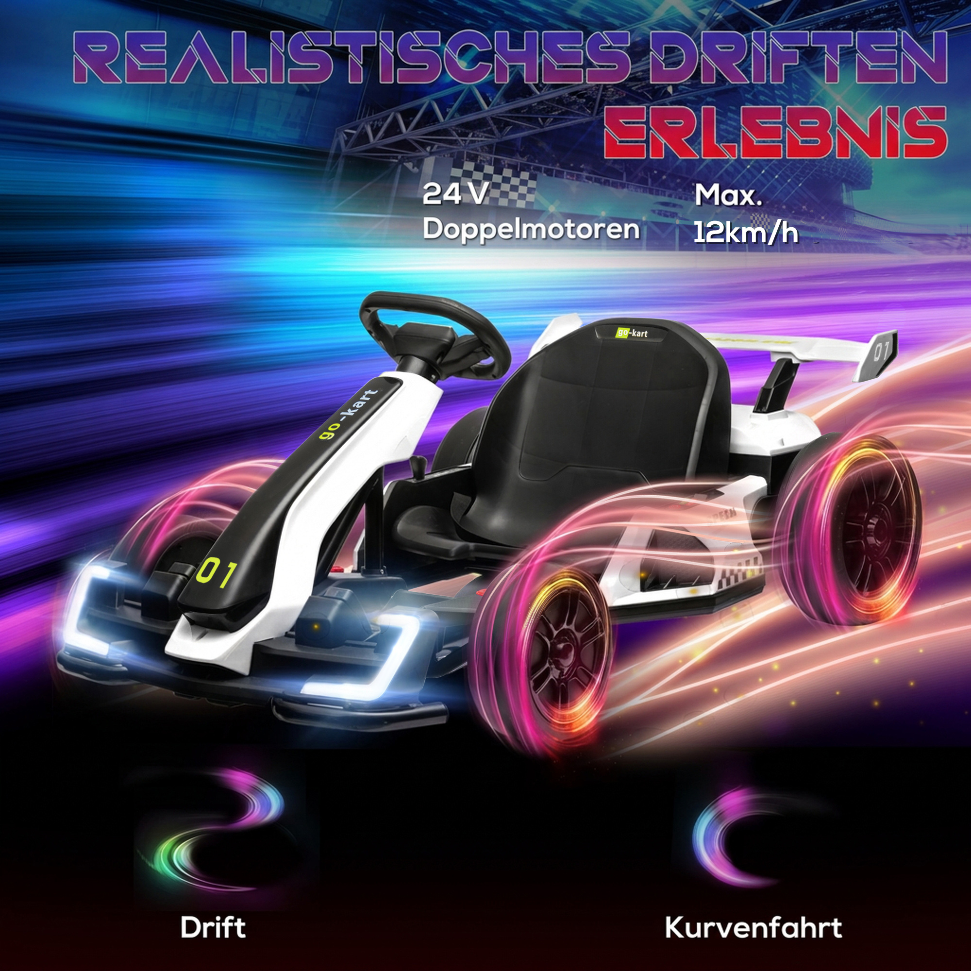 24V Elektro Go-Kart, für Kinder, bis 12 Km/h Gokart mit Drift-Funktion, 2 Motoren, verstellbarer Sitz, Sanftanlauf. schwarz-weiß