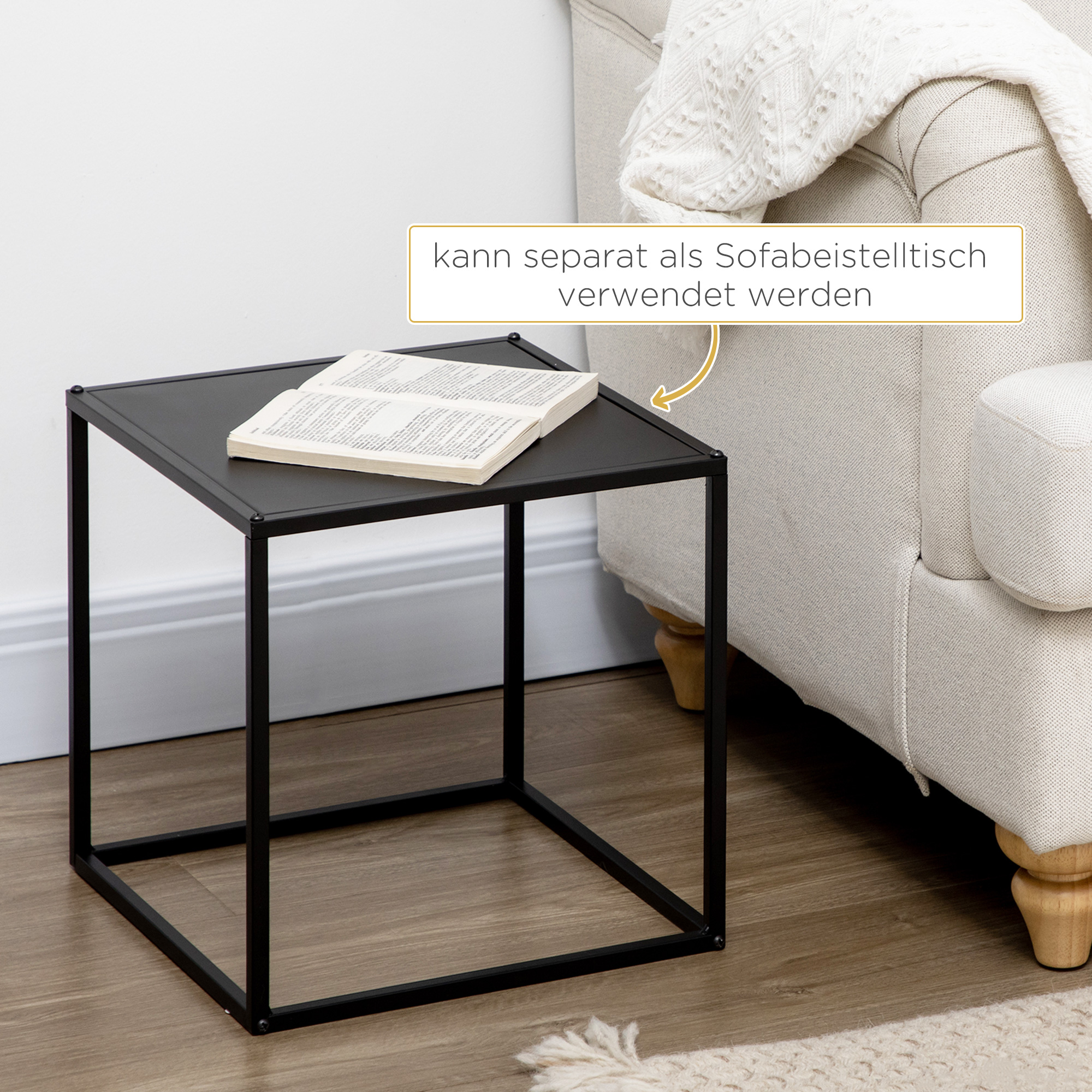 Beistelltisch, Couchtisch, Satztisch, 2er-Set, modernes Design, Stahlrahmen, schwarz, 40 x 40 x 40cm