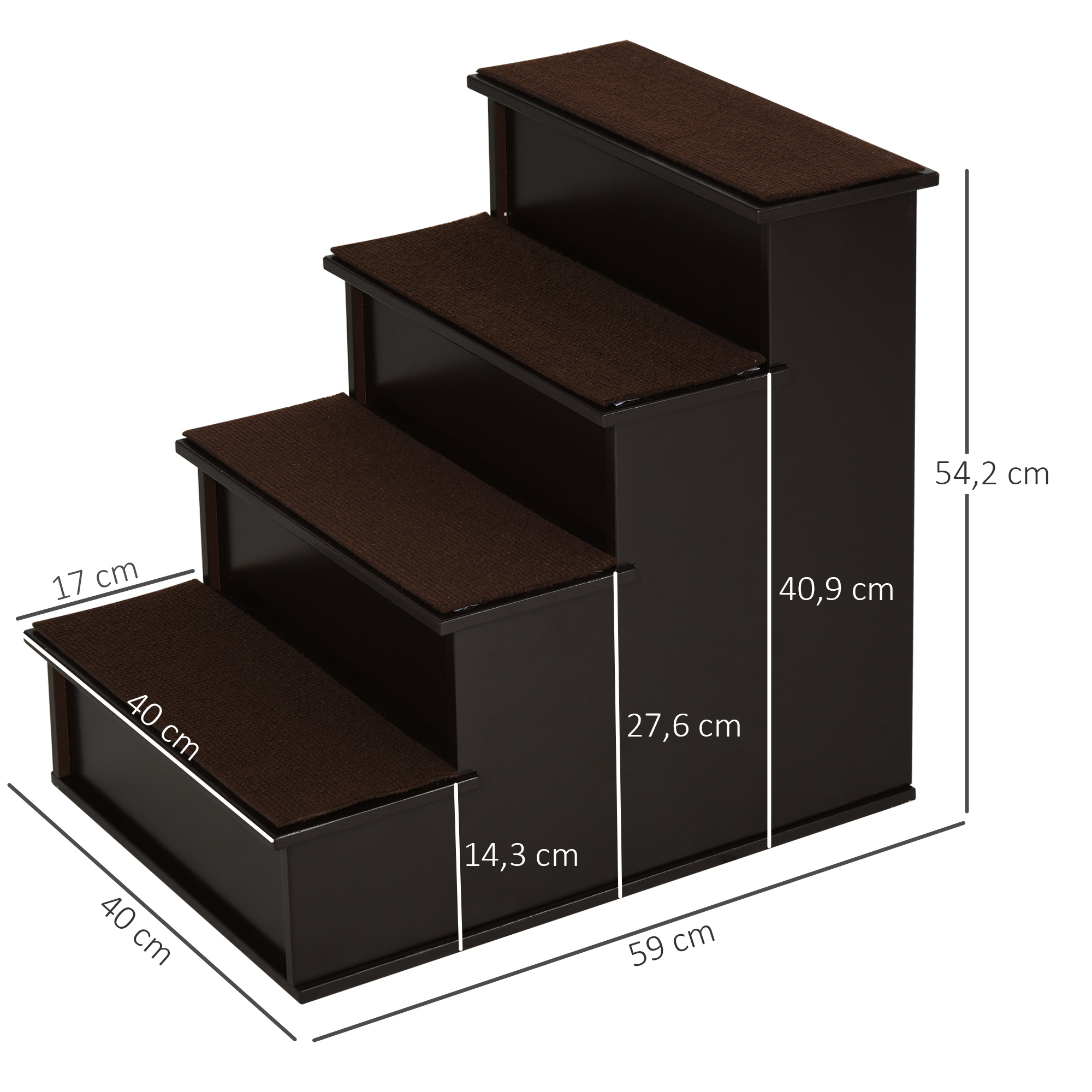 Haustiertreppe, für Hunde/Katzen, 4-stufig, Kurzplüsch, bis 30 kg, 40 x 59 x 54,2 cm, Dunkelbraun